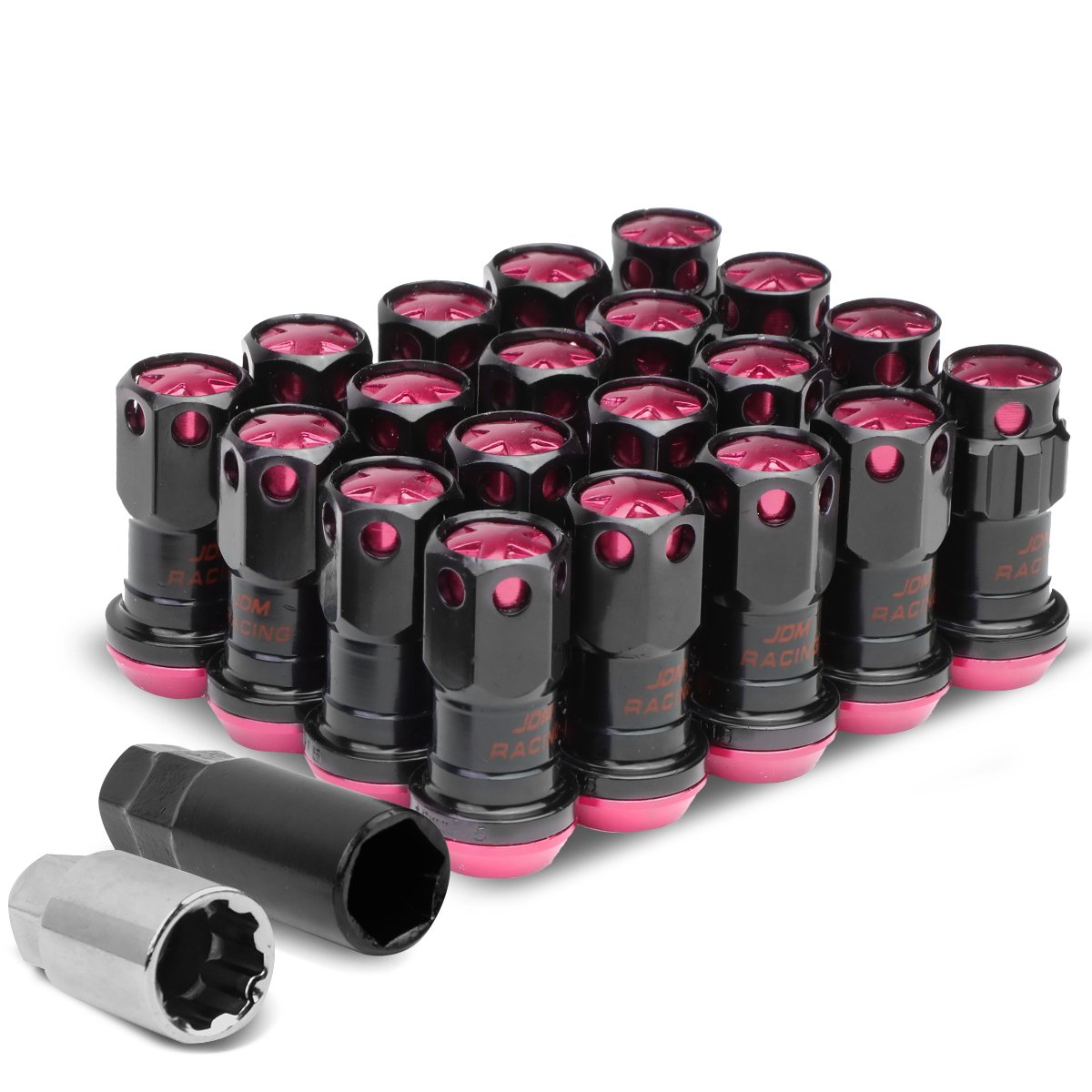 DNA Motoring M12x1.5 Closed End Lug Nuts, 16 Pcs Universal Hex Wheel Nut+4 Pcs Spline Lock Nut w/Adapter Keys for Aftermarket Wheels, Pink Accents for