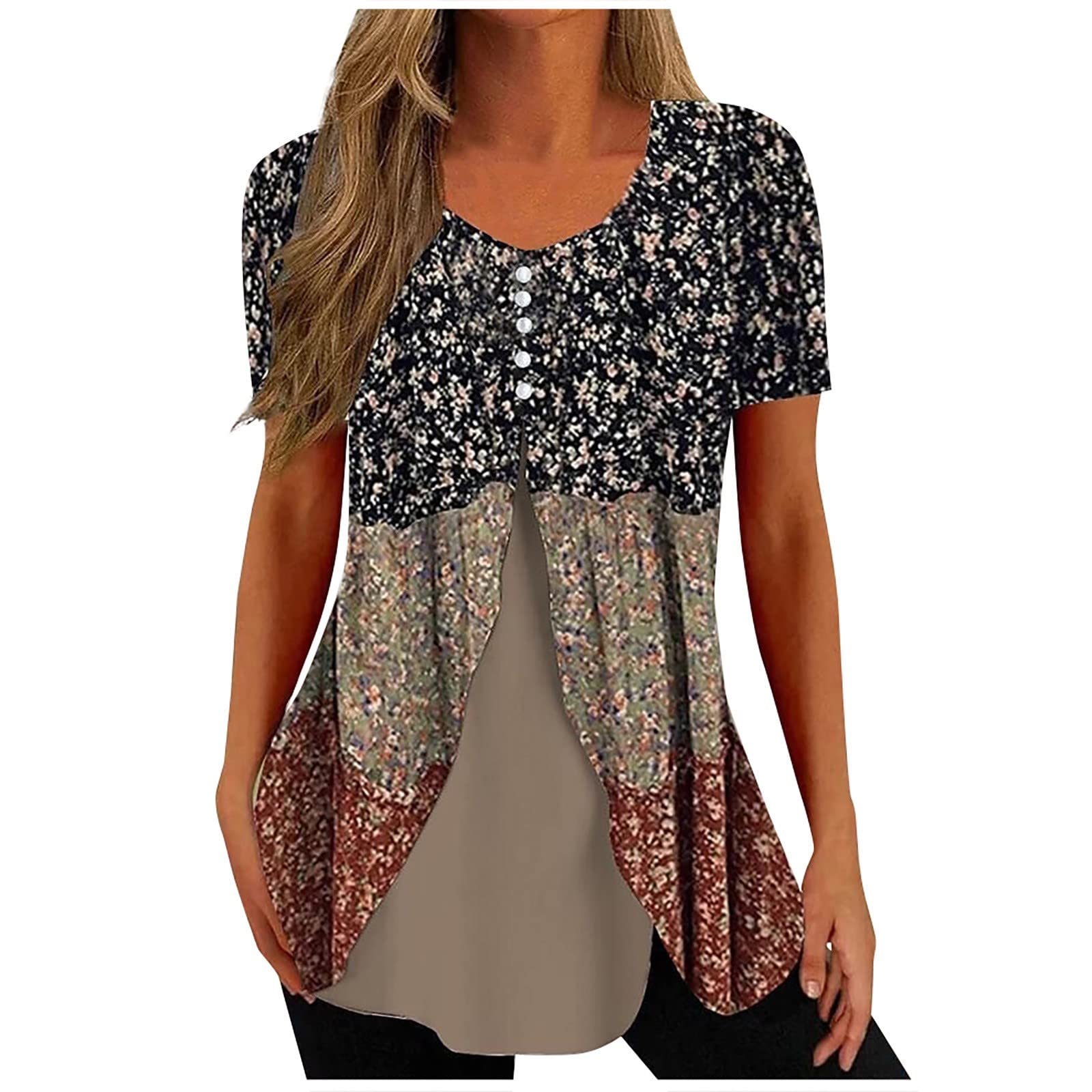 Women's Short Sleeve Tunic Summer Tops Dressy V Neck Pleated Shirts Casual Work Blouses Loose Fit for Leggings