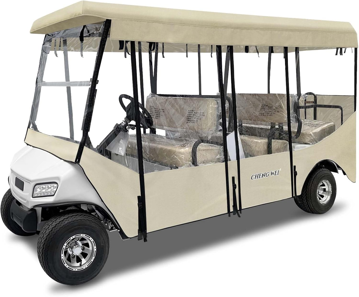 6 Passenger Golf Cart Enclosure for Club Car Villager 120" Extended Roof, 600D Waterproof Rain Cover with Full Roll-Up Clear Windows & Door, Zipper Side Mirrors Opening & Windproof Design