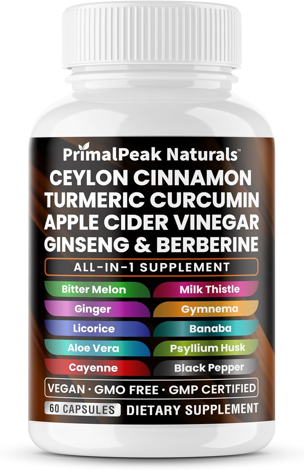Ceylon Cinnamon Apple Cider Vinegar Turmeric Curcumin Panax Ginseng Berberine with Bitter Melon Banaba Milk Thistle Gymnema Sylvestre 60 Vegan Capsules