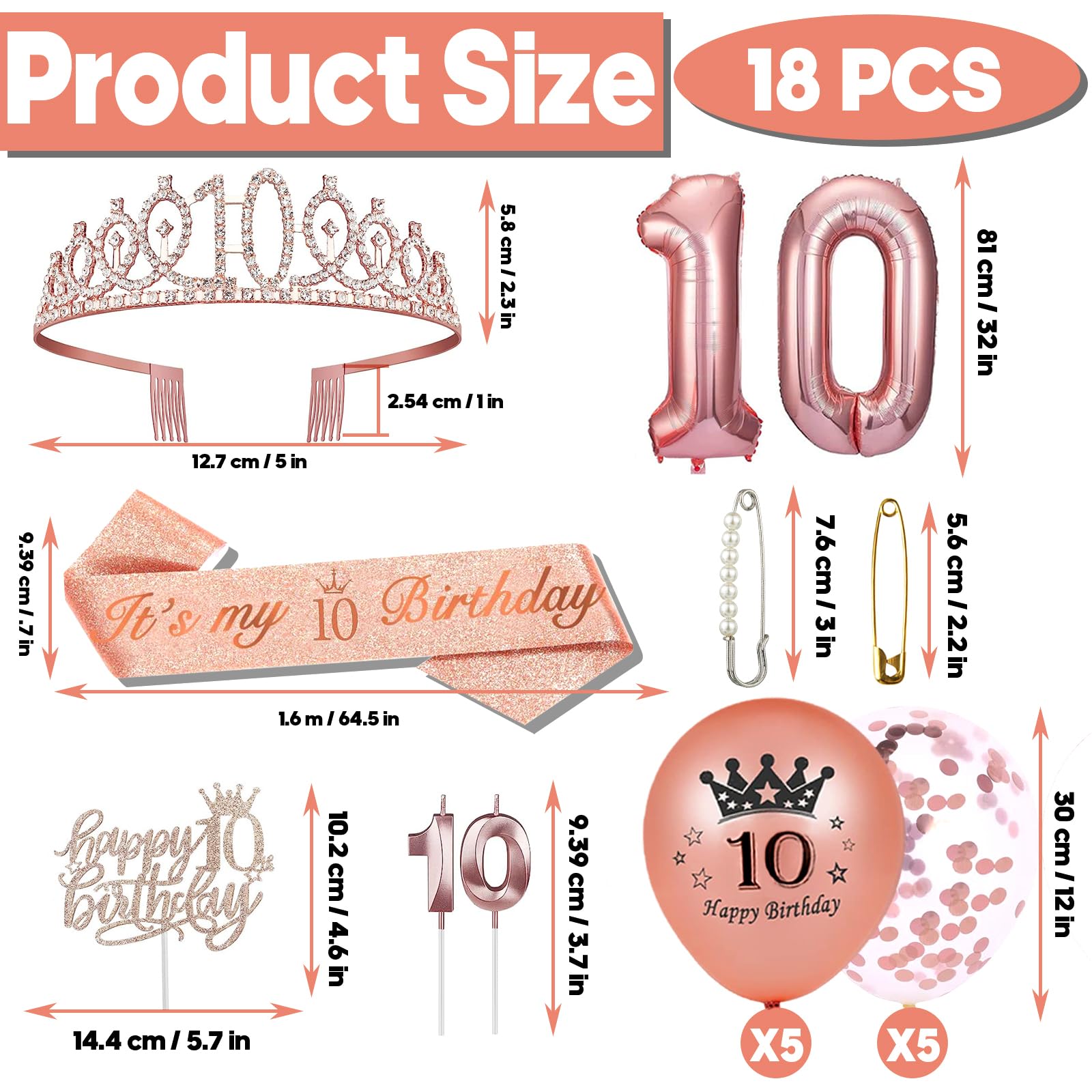 Hysilla 10th Birthday Decorations for Girls, 10th Birthday Sash, 10th Birthday Crown, 10th Birthday Cake Topper, Balloons, Pin and Candle Set, Rose Gold