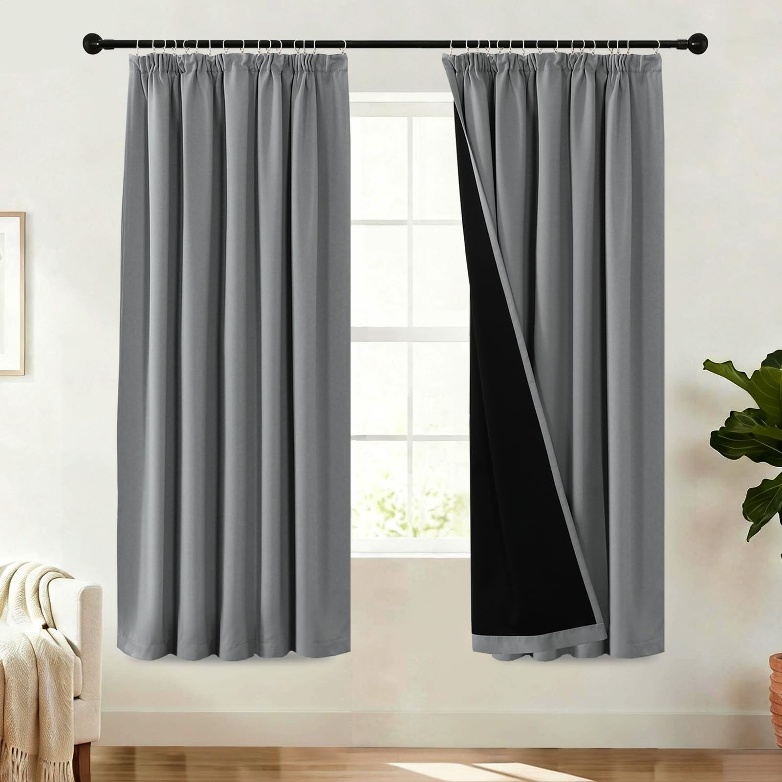 BellaHills 100% Blackout Curtains for Bedroom Thermal Insulated Curtains & Drapes for Living Room Black out Window Curtain with Hooks Pencil Pleat Back Tab Rod Pocket 2 Panels, W46 X L72, Dove Grey