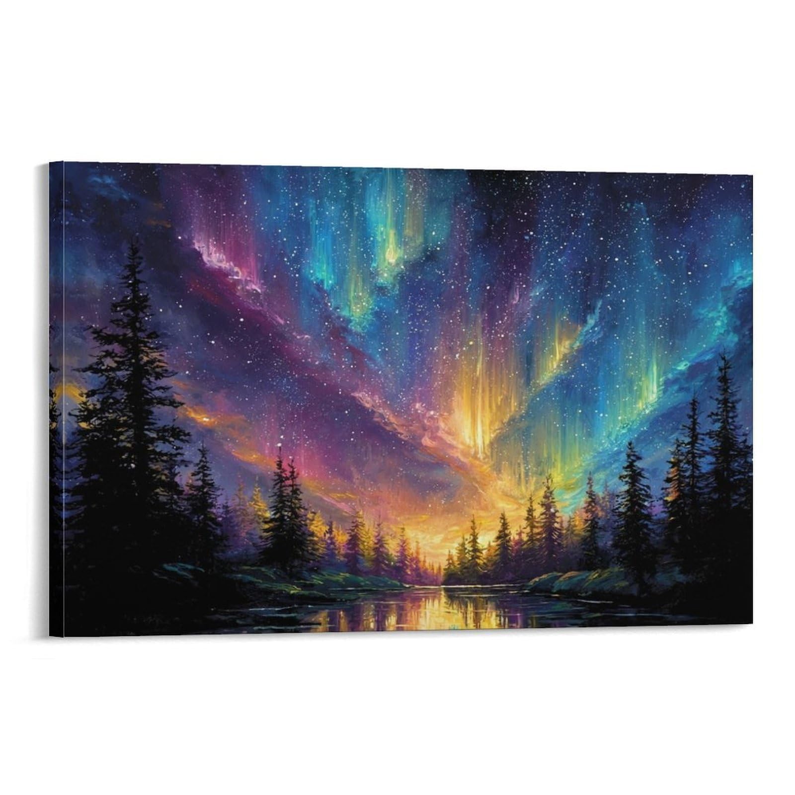 CPLVKWRQJ Aurora Sky Painting Individual Northern Lights Forest Reflection Canvas Artwork - Bedroom Canvas Painting Easy to Clean Space Transformer Decor 20x30inch(50x75cm)