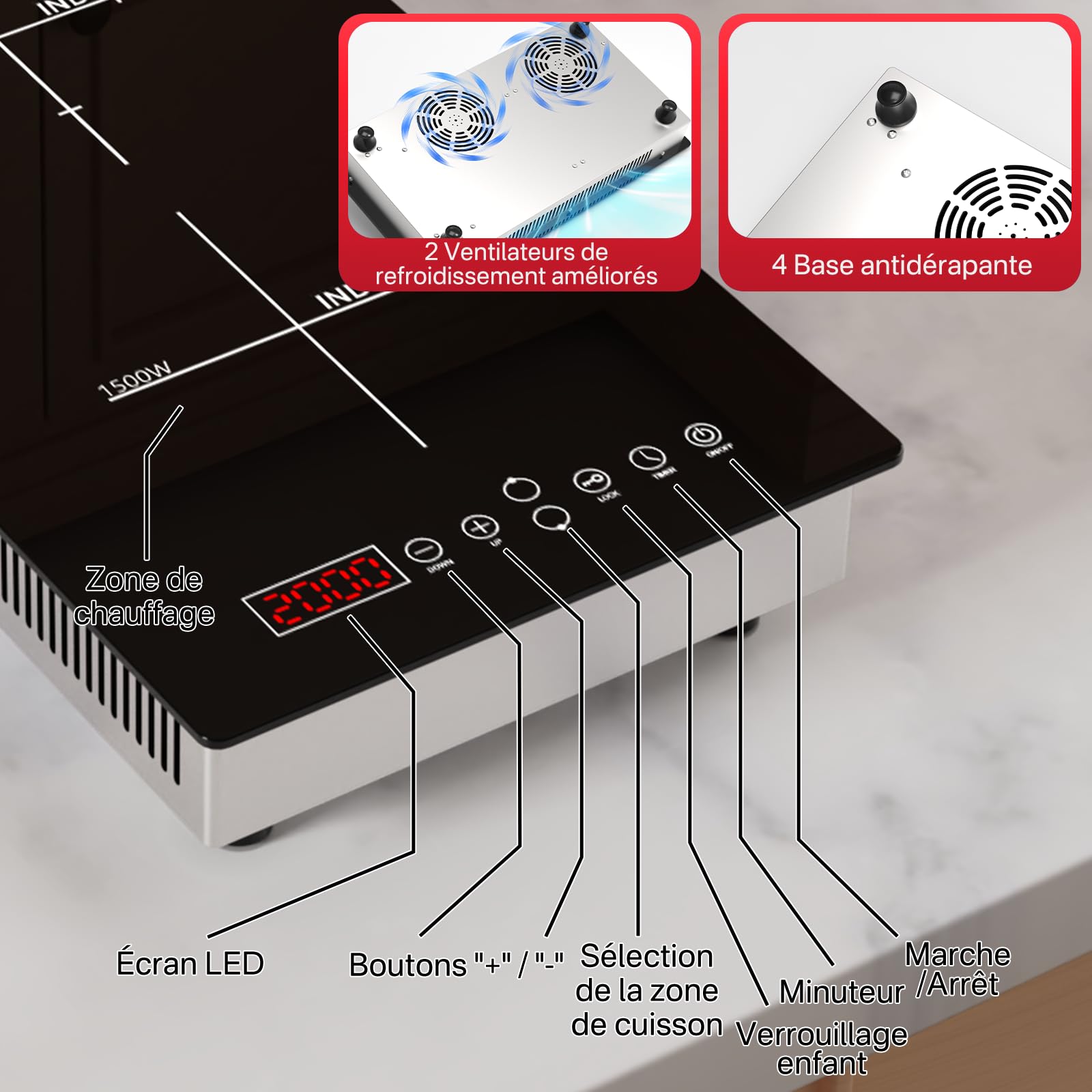 Plaque à Induction Encastrable 2 Foyers 3500W, Plaque de Cuisson Électrique avec Commande Tactile, Double Zone avec Minuteur et Sécurité Enfant, Induction - ID2EU