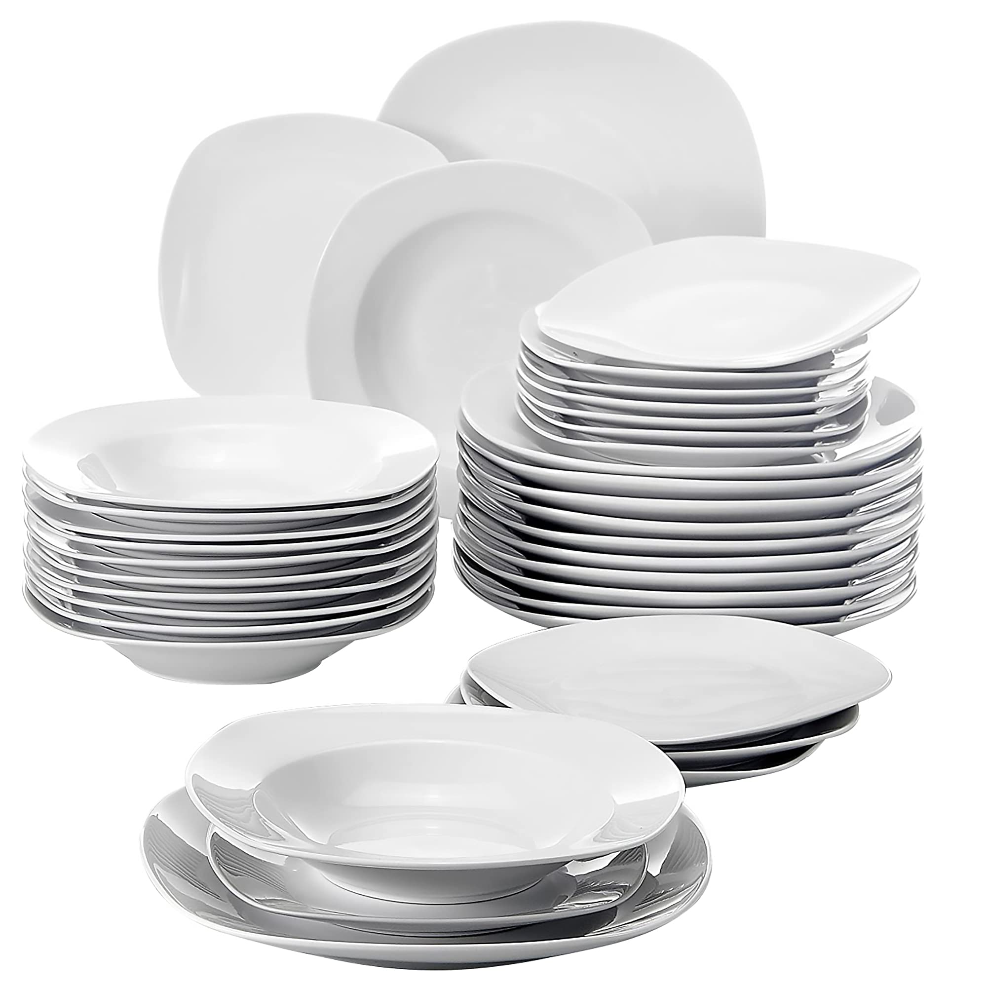 MALACASA 36-Piece Dinnerware Set, Porcelain Square White Dinner Sets with Dinner Plates Dessert Plates and Soup Plates,Service for 12, Series Elisa