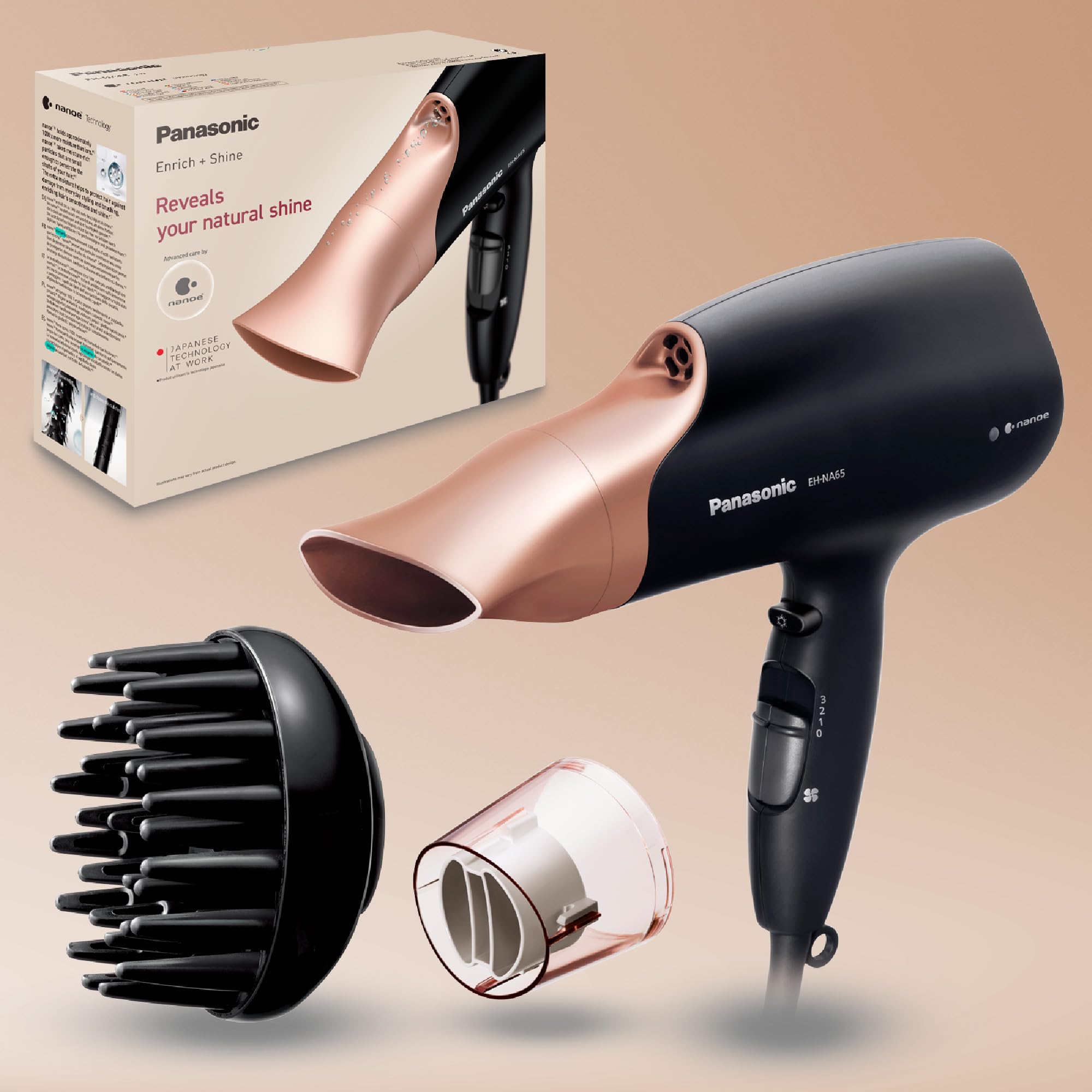 Panasonic EH-NA65CN Nanoe Haartrockner mit Diffusor, Schnelltrocknungs- & Styling-Düse, 3 Geschwindigkeits- & 4 Temperaturstufen, für sichtbaren Glanz, 2000 W Leistung, ergonomisches Design, Roségold