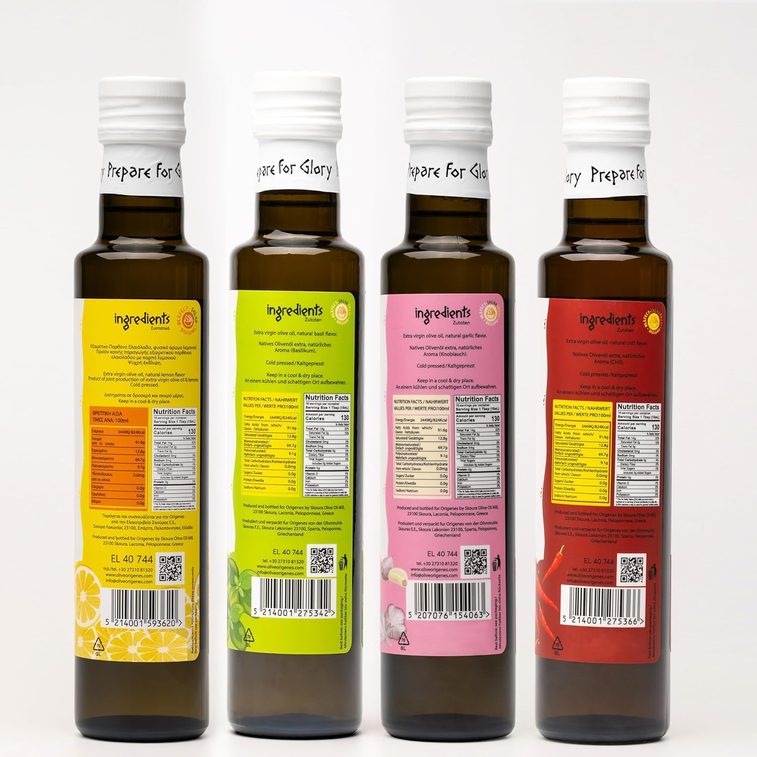 Pack of 4 Extra Virgin Flavored Olive Oil - Garlic, Chili, Lemon & Basil Infused EVOO - Cold Pressed, Polyphenol Rich EVOO, Intense Flavor Olive Oil Extra Virgin, from Laconia 4X250ml