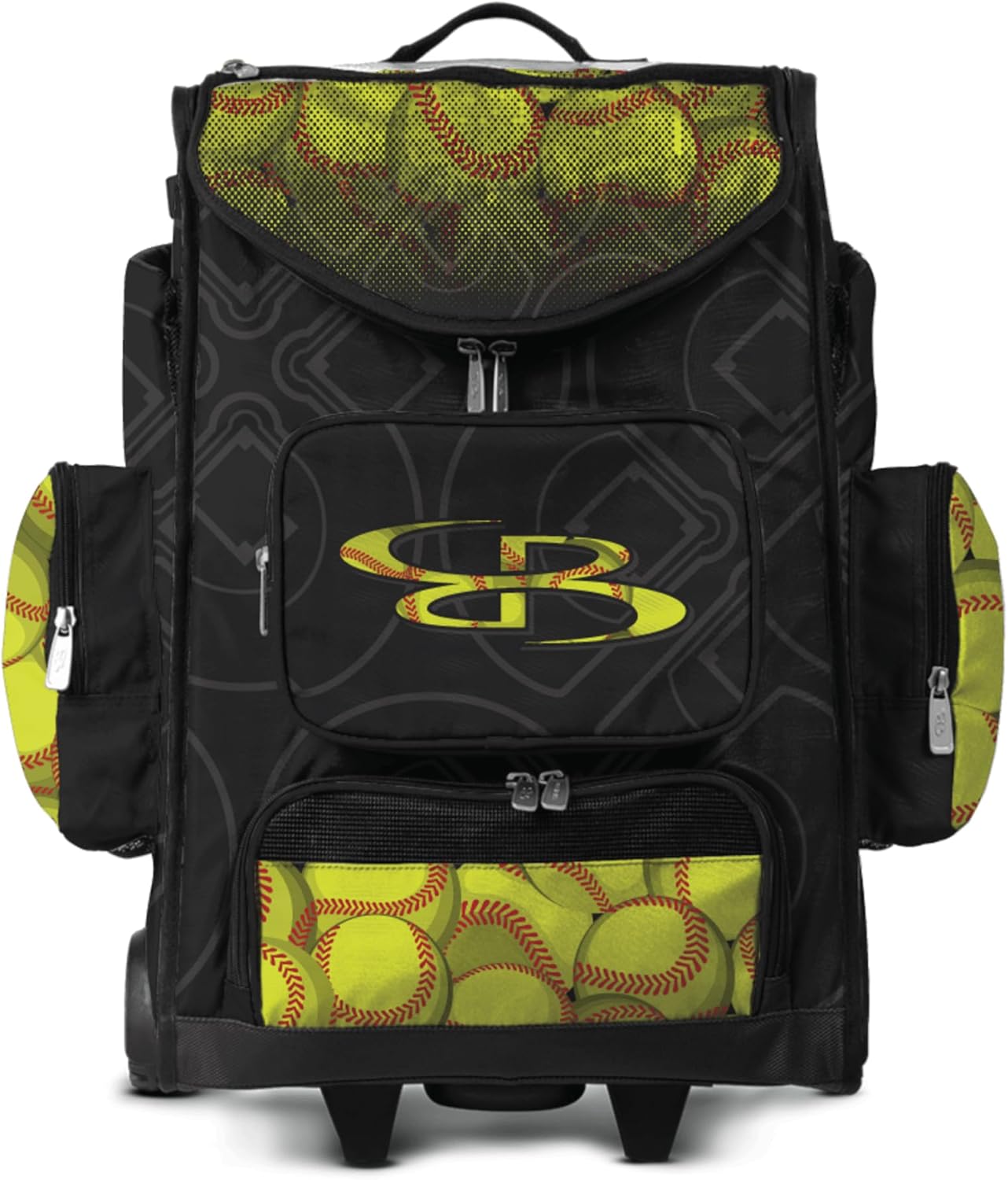 Boombah Ultrapack Hybrid Rolling Bat Bag - Wheeled & Backpack Version - Softball Optic Black Black/Optic Yellow/Red