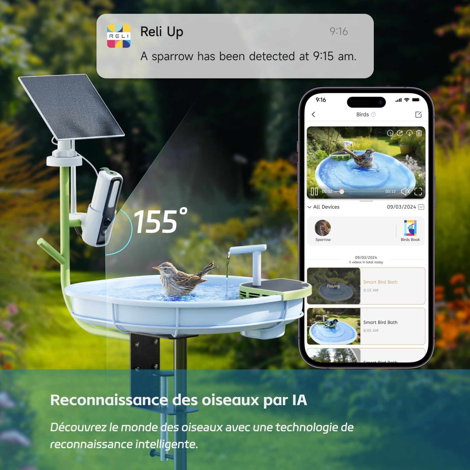 RELI Birddy Bain d'oiseaux intelligent original avec caméra solaire, bain d'oiseaux à flux automatique avec caméra d'observation des oiseaux, identification AI, vue en direct, notification instantanée
