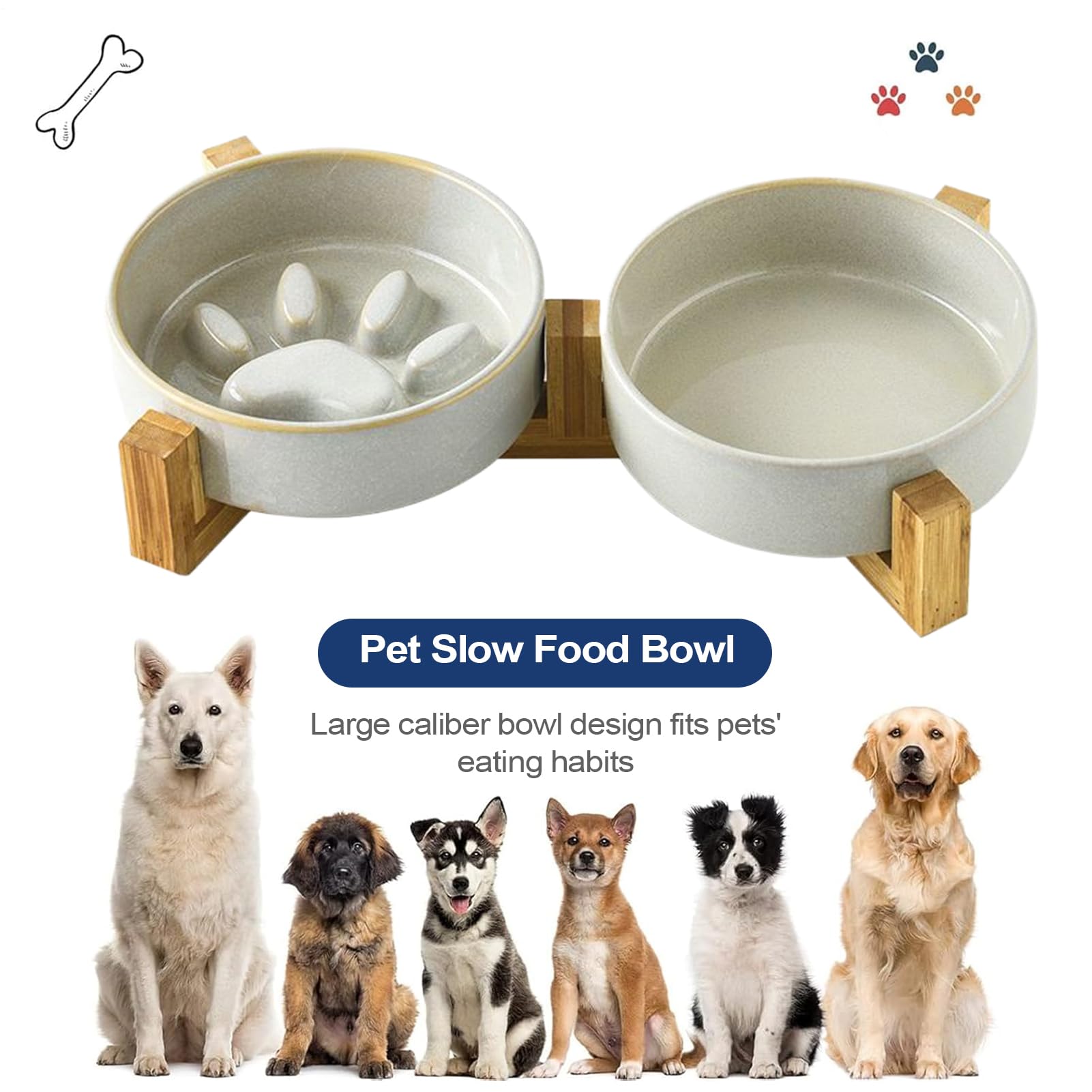 Lento Perros Y Bebedero Mediano Elevado | Soporte Cuencos Perros Cerámica Antideslizante Huella Mono Estación Alimentación Mascotas Accesorios Plato Camping Coche