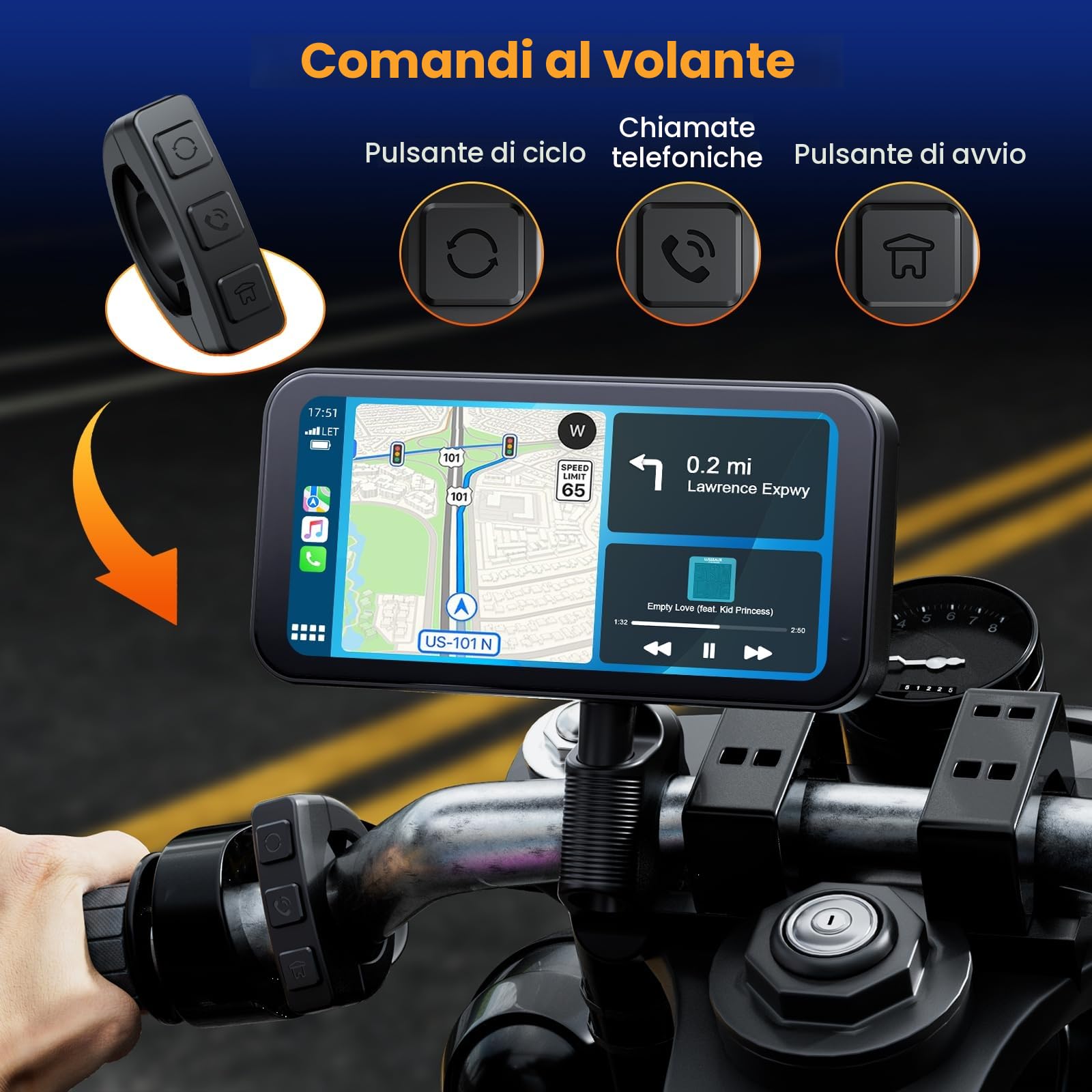 Volam Schermo portatile per Carplay Wireless Android Auto per moto, touchscreen impermeabile IP67 da 6.25 pollici, navigazione GPS automatica, supporto Siri/Google Assistant
