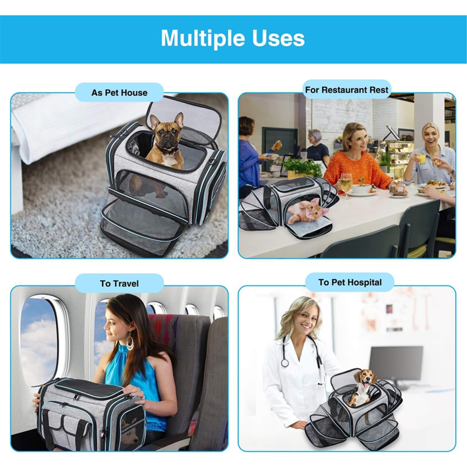 Borsa Viaggio Animali Carrier di per Domestici Espandibile A Lato Morbido Piccoli Cani E Gatti, Pieghevole Approvata dalla Compagnia Aerea con Ingresso 4 Vie-Deep Blue-s
