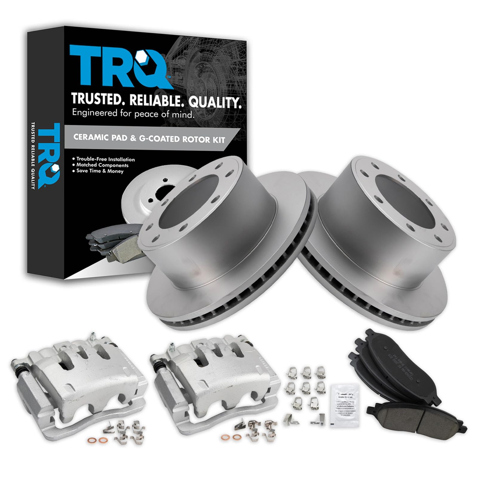 TRQ Rear Brake Pad, Caliper, &amp; Rotor Kit Ceramic Vented Premium G-Coated Compatible with 2005-2007 Ford F-250 Super Duty F-350 Super Duty