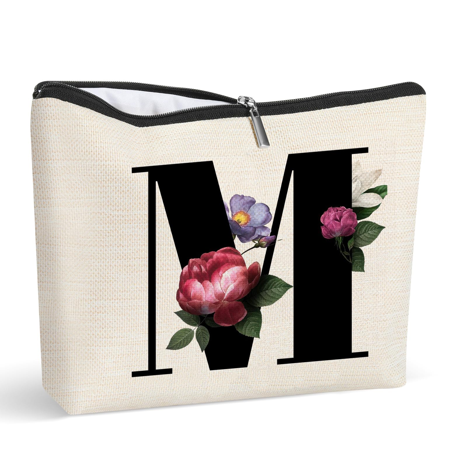 Gyflo Personalized Floral Initial Makeup Bag for Women, Canvas Cosmetic Toiletry Bag, Travel Essentials & Gift for Girls