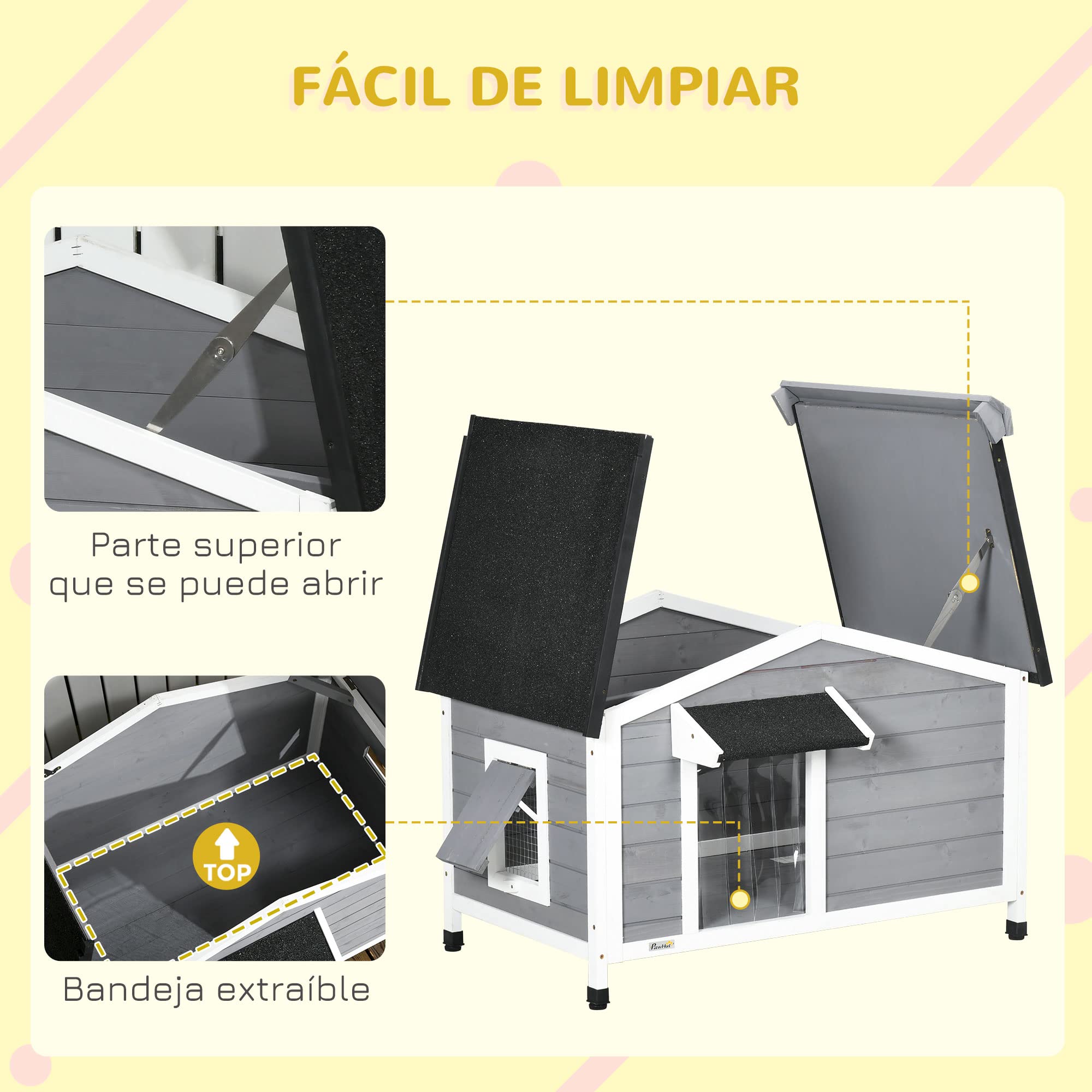 PawHut Caseta para Perros Exterior Casa para Perros Pequeños con Techo Asfáltico Abatible 2 Ventanas Puerta con Cortina y Base Extraíble 97x72x65 cm Gris