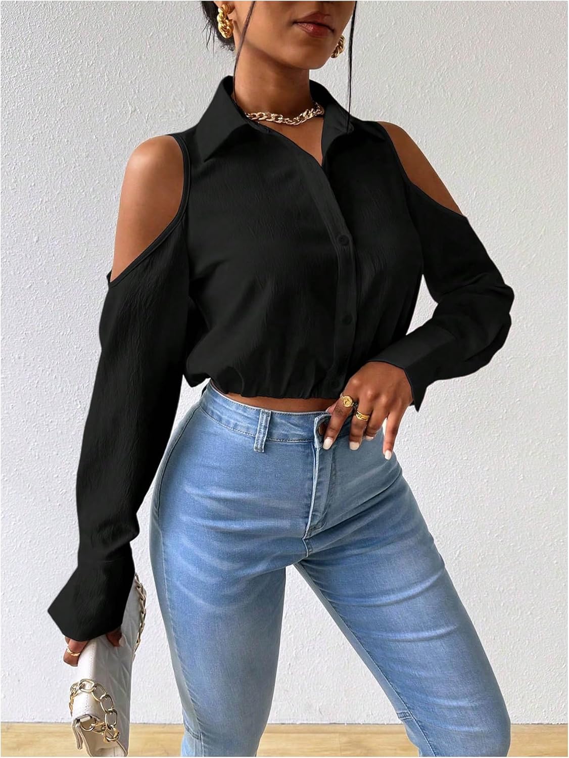 SweatyRocks Women's Cold Shoulder Long Sleeve Button Down Collared Cropped Blouses - Image 3