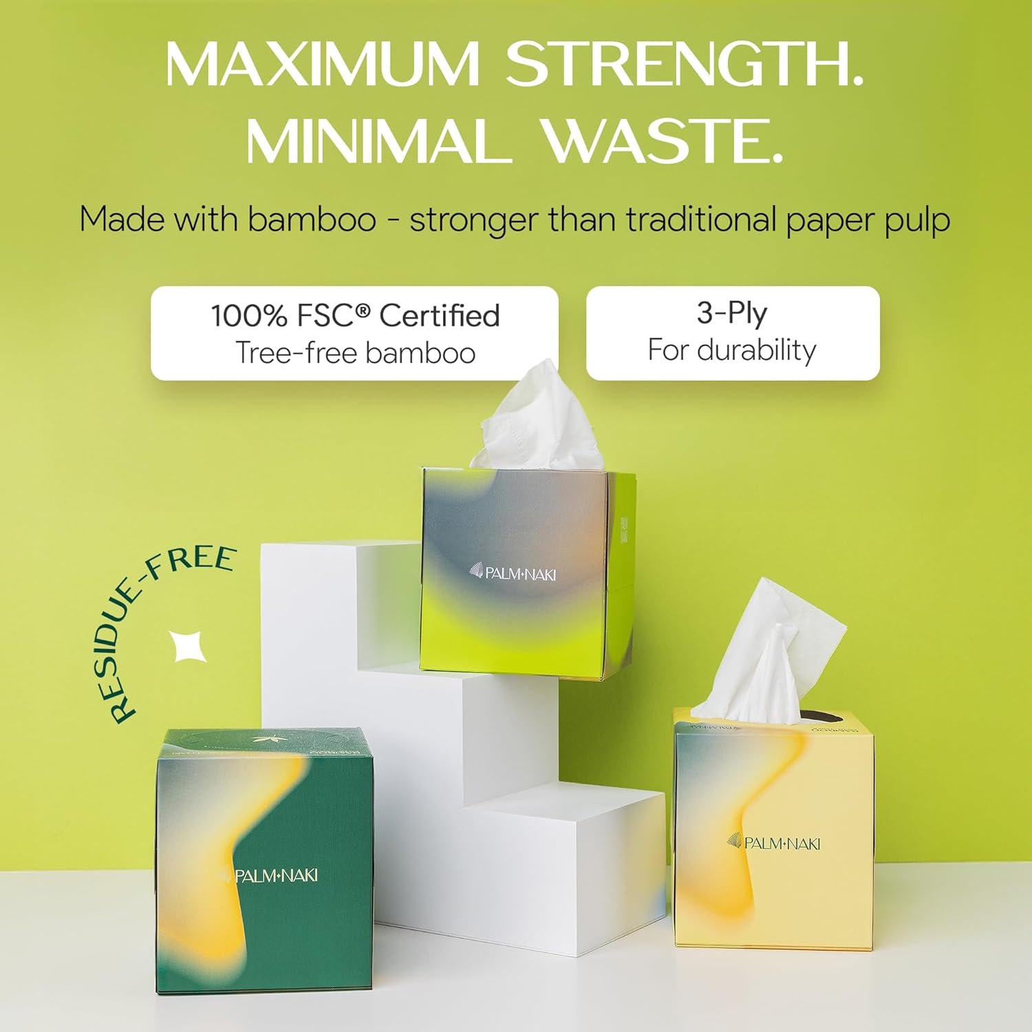 Bamboo Facial Tissue | 3-Ply Strong | Lint-Free, Fragrance-Free | Gentle for Sensitive Skin | BPA & PFAS-Free, FSC Certified | 8 Cube Boxes (480 Sheets) | PALM NAKI - Image 5
