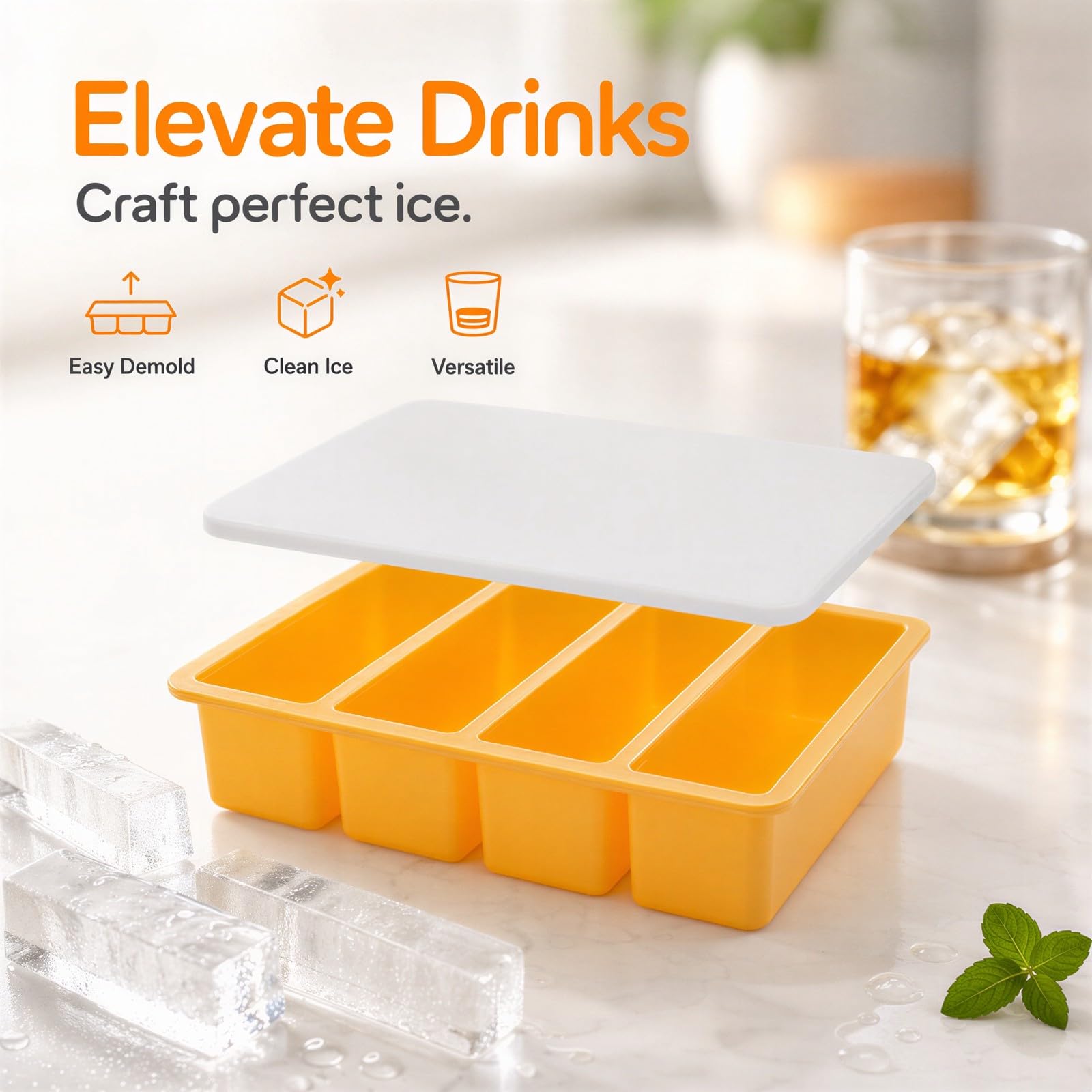 Lot de 2 moules à glaçons longs en silicone à 4 cavités avec couvercle, pour un démoulage facile, parfait pour whisky, usage domestique et professionnel, réutilisable, orange