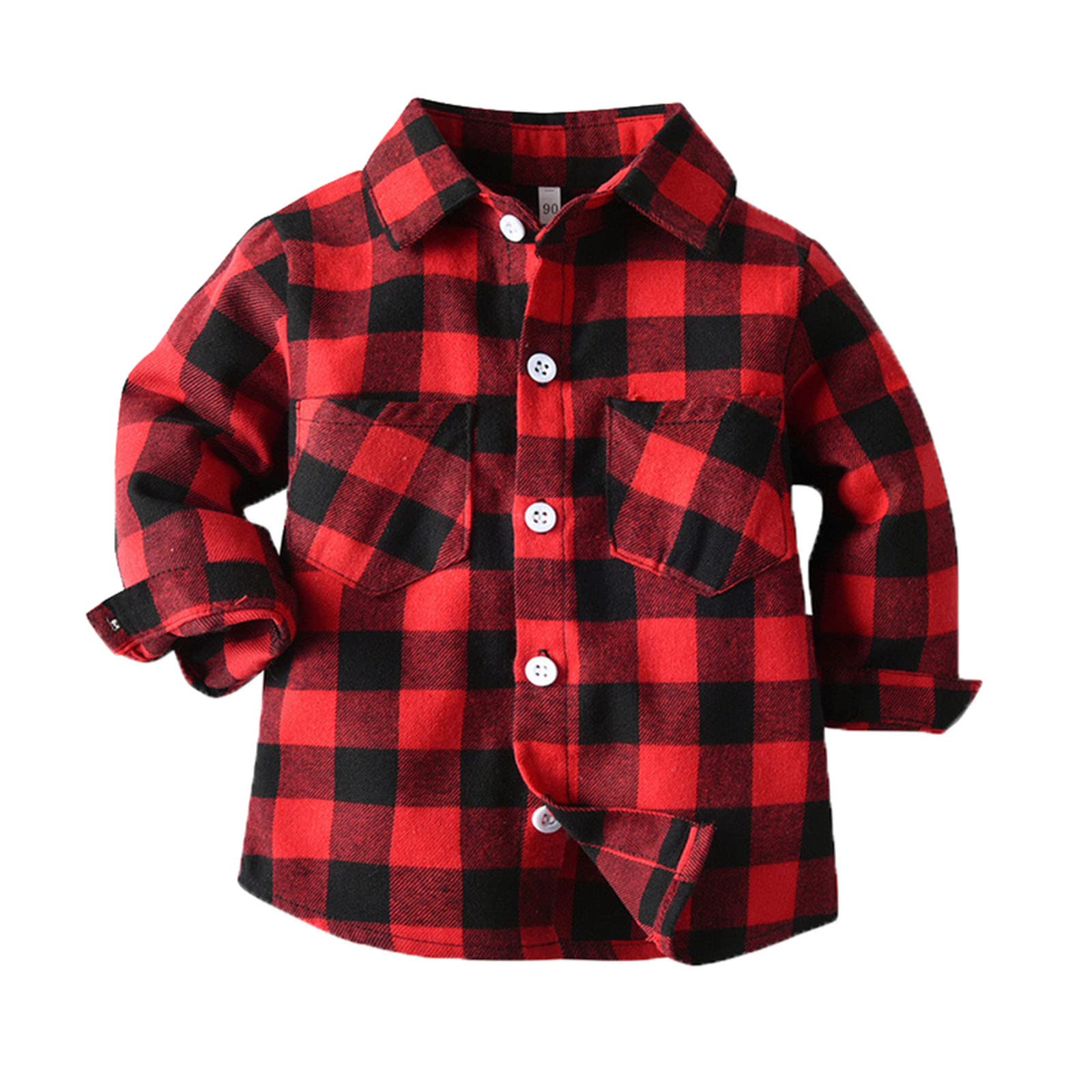 RNTOP Toddler Baby Boys Girls Flannel Plaid Shirt Jacket Long Sleeve Button Down Shacket Plaid Shirt (Red, 18-24 Months)