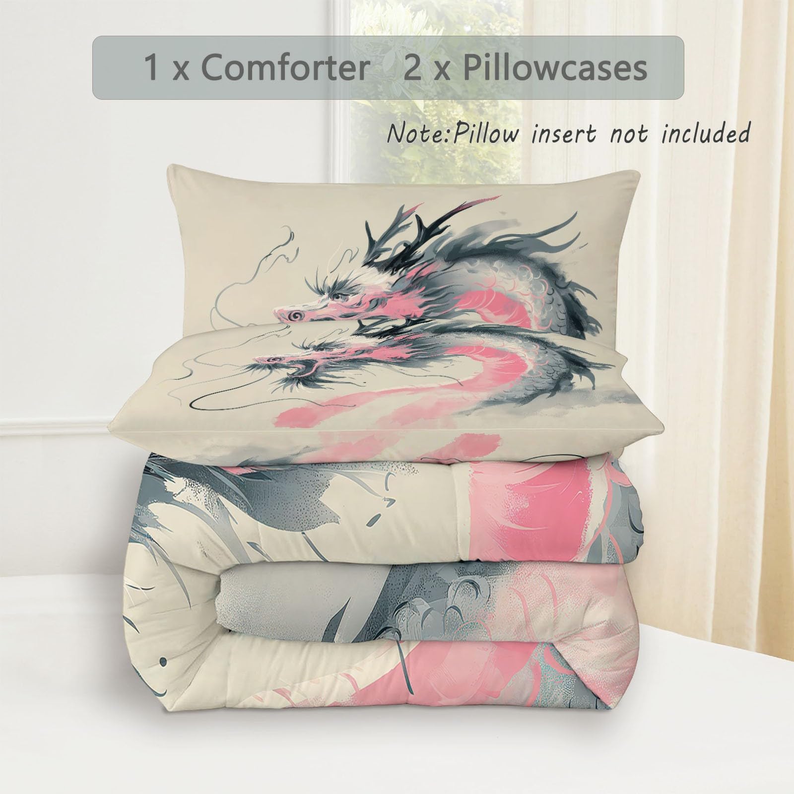 Trapunta stampata 140 x 200 cm Drago cinese reversibile Trapunta Pittura Cinese 4 Stagioni - Beige Trapunte Trapuntate per Letto Matrimoniale 2 Persone, Edredon Trapunte senza Houss e 2 federe 65 x 65