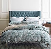 Vista 14 de SLEEPBELLA - Funda de edredón tamaño King, 600 hilos de algodón beige y gris azulado con patrón de hojas lujoso impreso, funda de edredón reversible