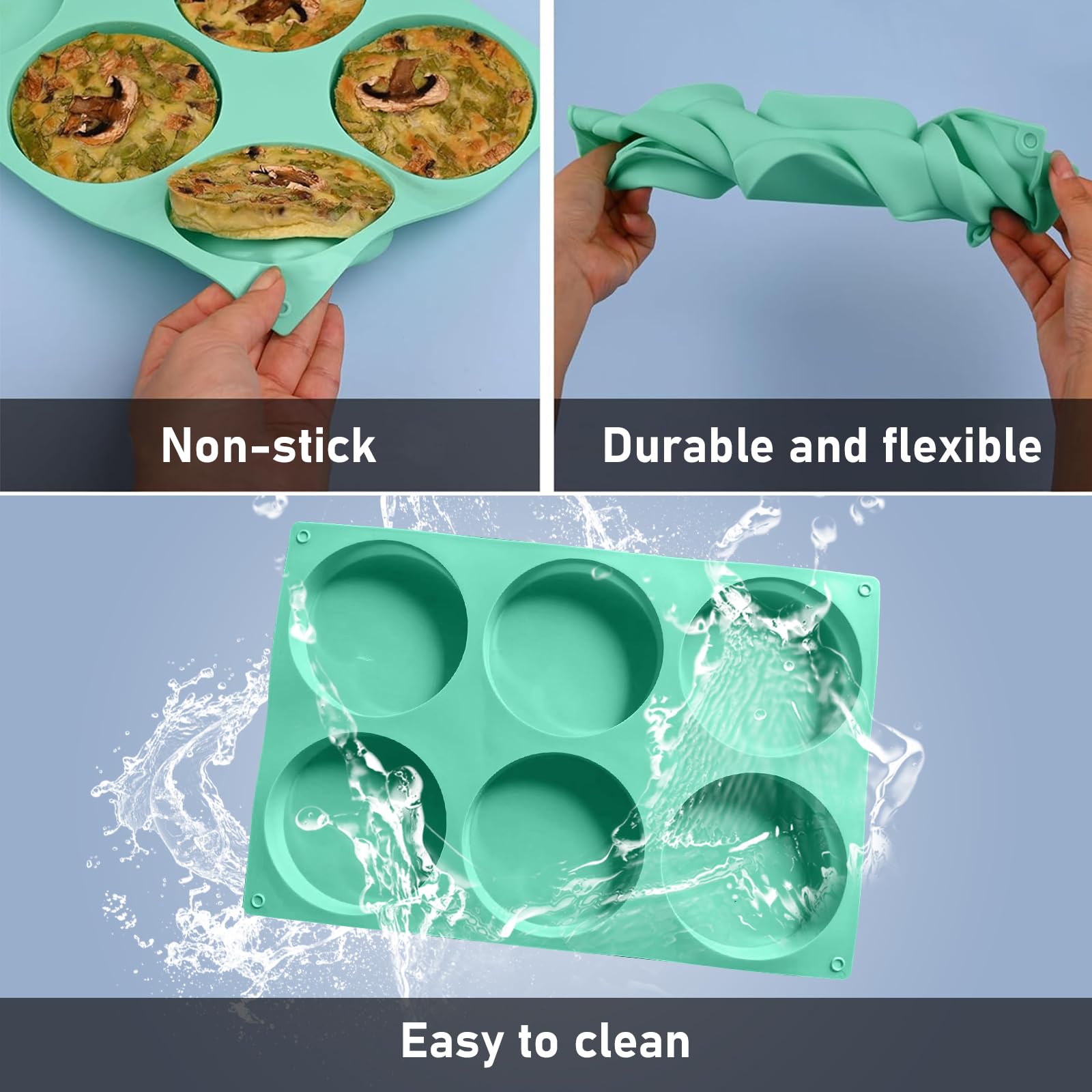 Molde de silicona redondo de 4 pulgadas para hornear, 3 moldes de silicona grandes antiadherentes, molde de hornear de 6 cavidades para sándwiches de desayuno, hamburguesa, huevo, pastel de 3