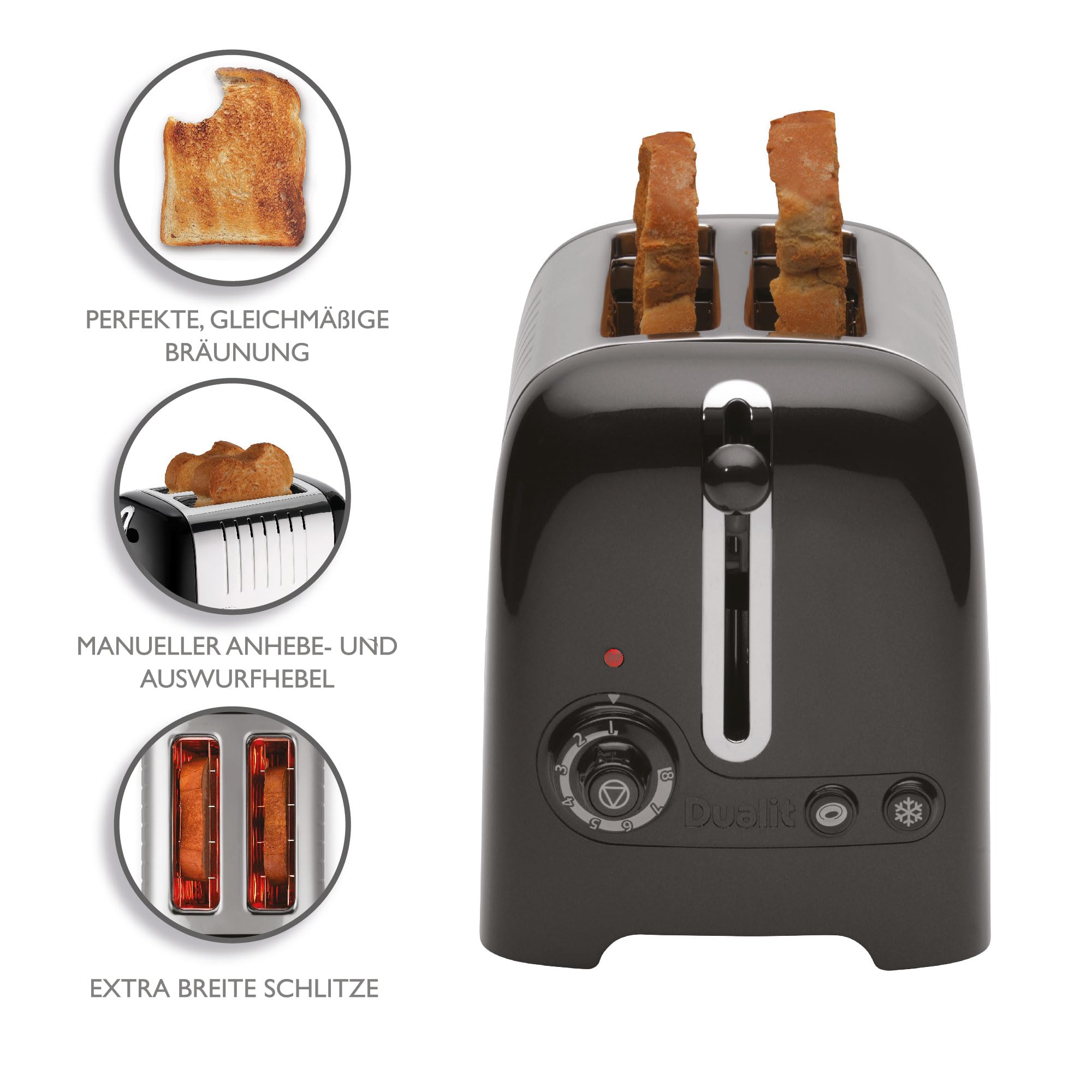 Dualit LITE Toaster 2 Scheiben, 36-mm-Schlitze, Edelstahlgehäuse, Schwarz | Retro-Design, für Bagels, Brötchen und Toastbrot, Auftaufunktion, Peek-and-Pop®, wählbare Bräunungsstufen, 1.700 g