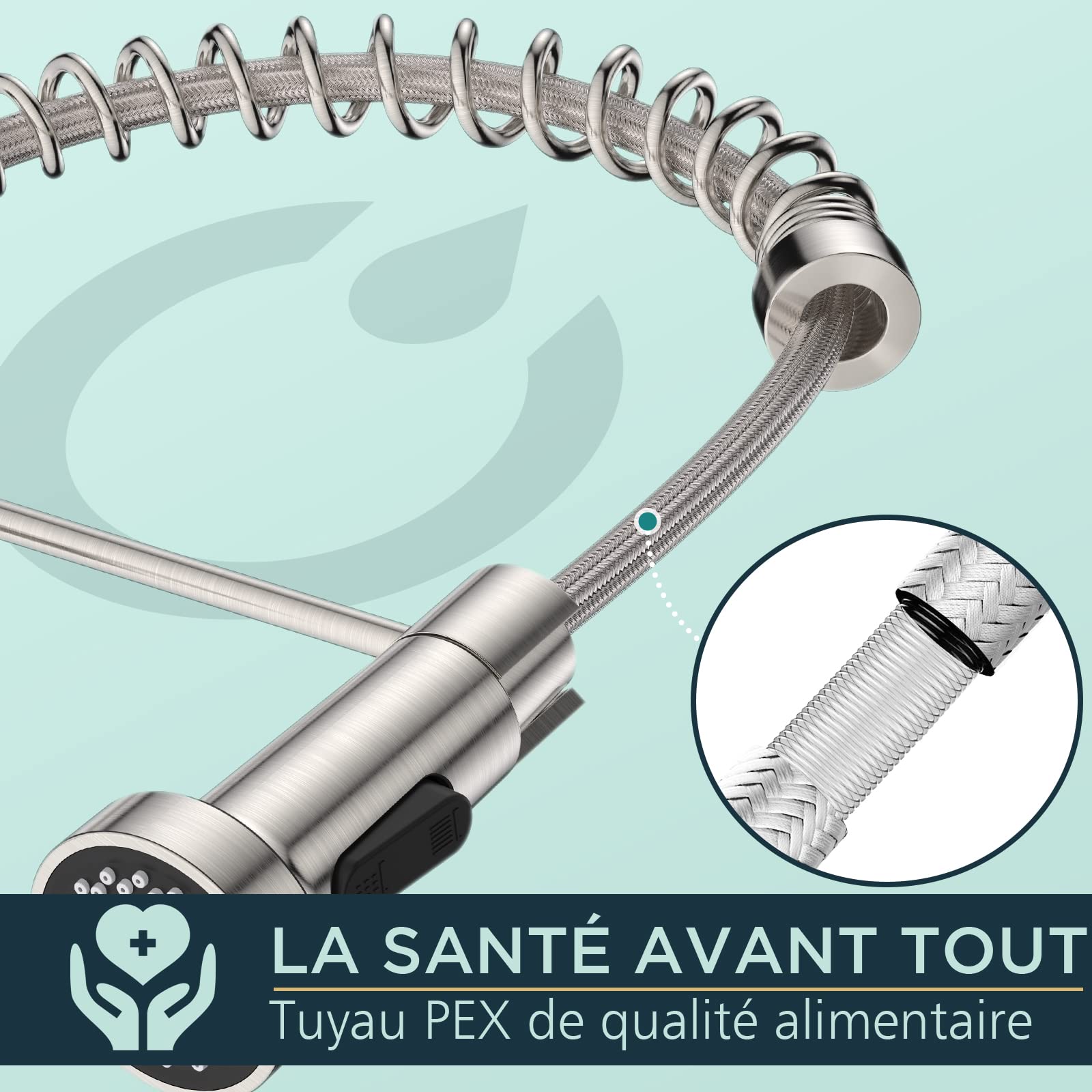 FORIOUS Robinet Cuisine Mitigeur Avec Douchette Pivotant 360° Évier Arc Élevé Pulvérisateur Escamotable 2 Modes Acier Inoxydable