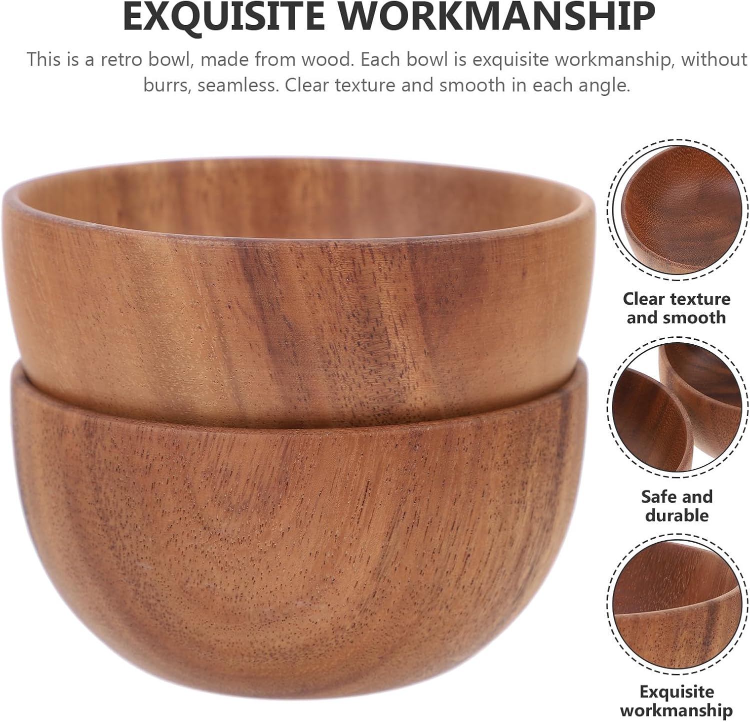 Amosfun 2pcs Wooden Rice Bowls Set Wooden Rice Bowls Set Natural Coffee Color Practical and Damage Resistant for Home and Restaurant