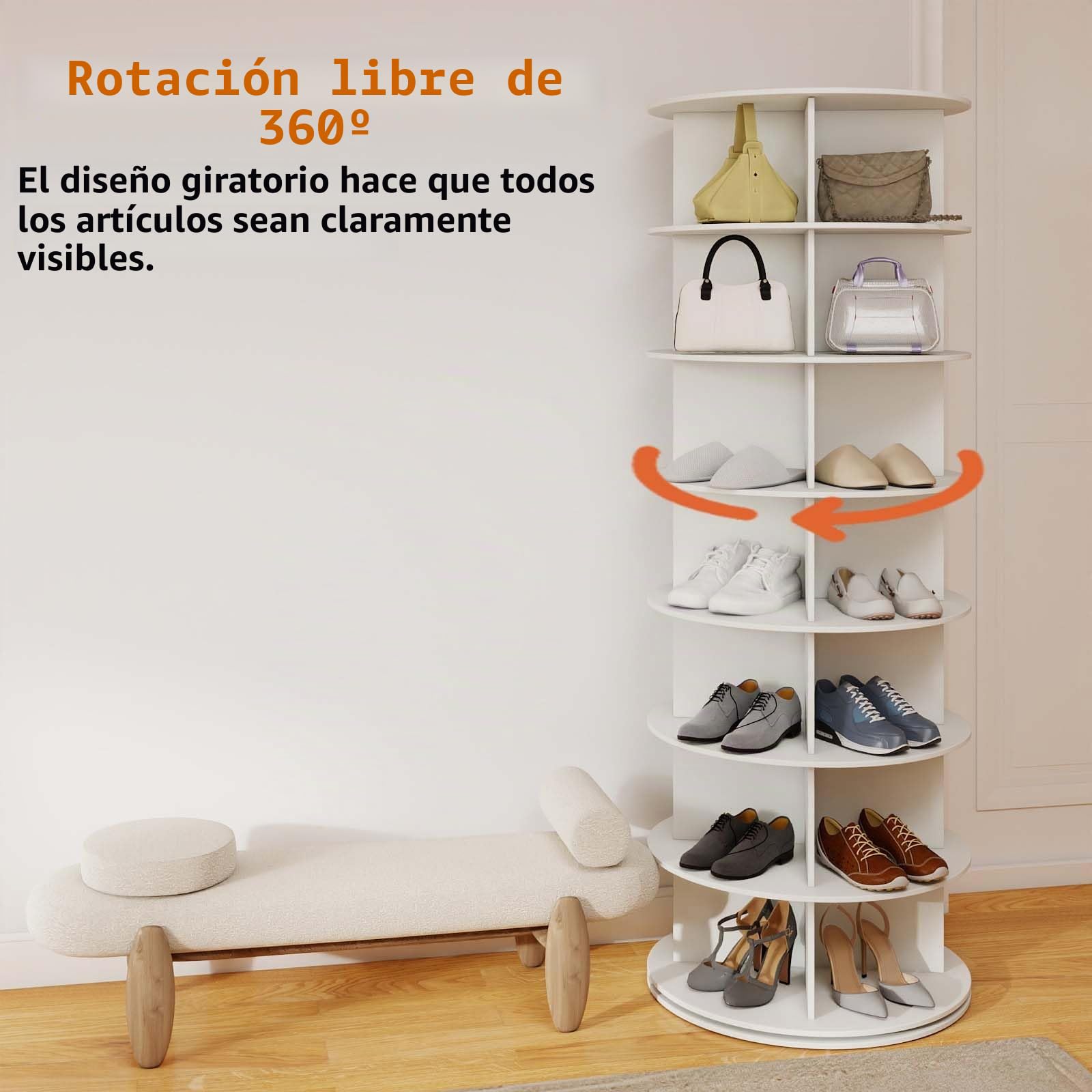 Zapatero Giratorio 7 Niveles, 360°Rotación, Vitrina Redonda de Gran Capacidad, Organizador Zapatos, Zapatero Interior Armario, Blanco, MDF, 160 x 59cm