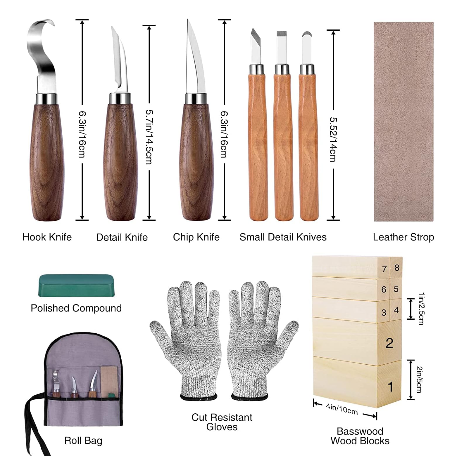 Artnova Wood Carving Kit for Beginners - Set with Knives, Anti-Cut Gloves, Size L, Basswood Blocks, Sharpener, Polishing Compound, Sheath and Guide with Tutorials