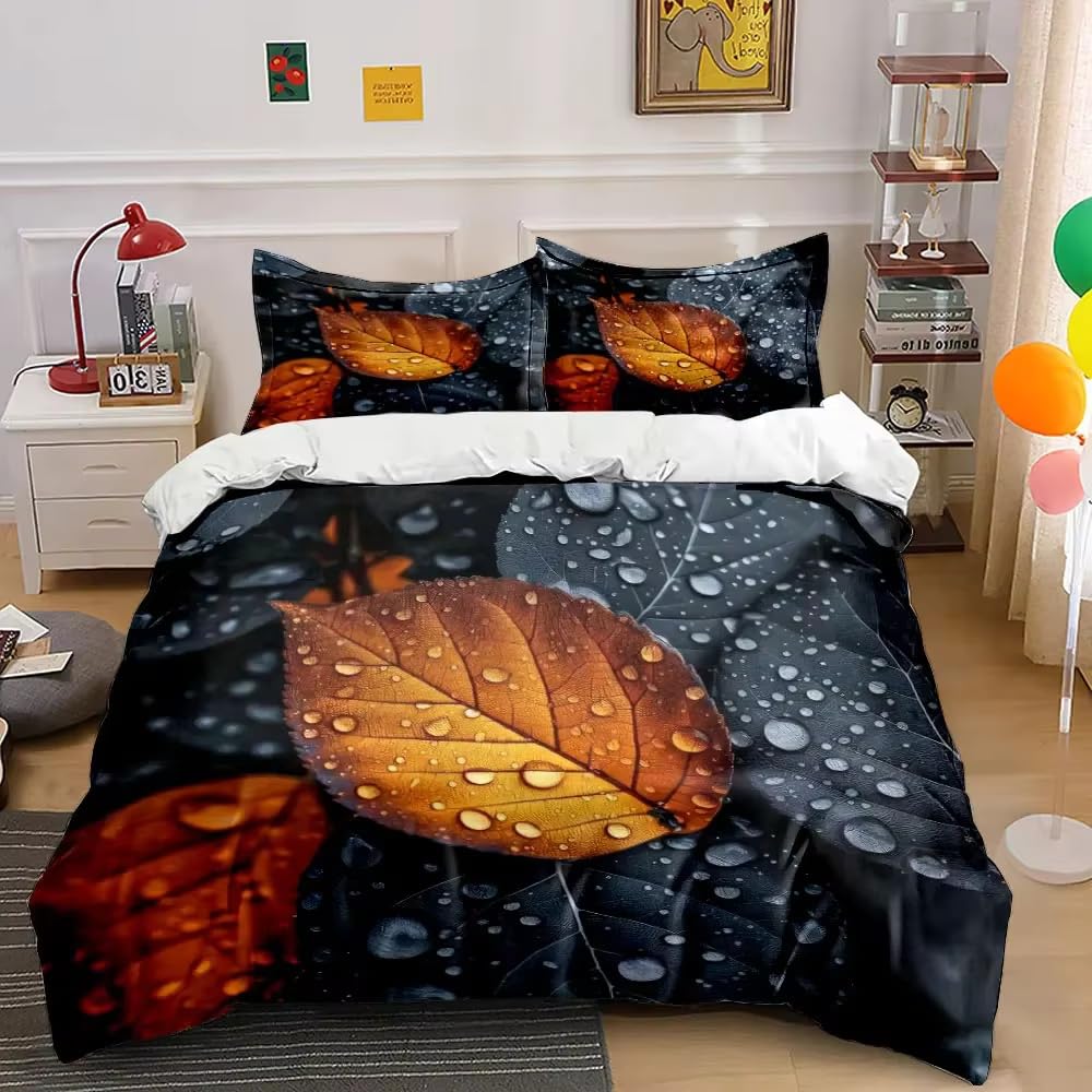 Housse de couette 200x200 feuilles avec 2 taies d'oreiller en microfibre douce pour lit 2 personnes
