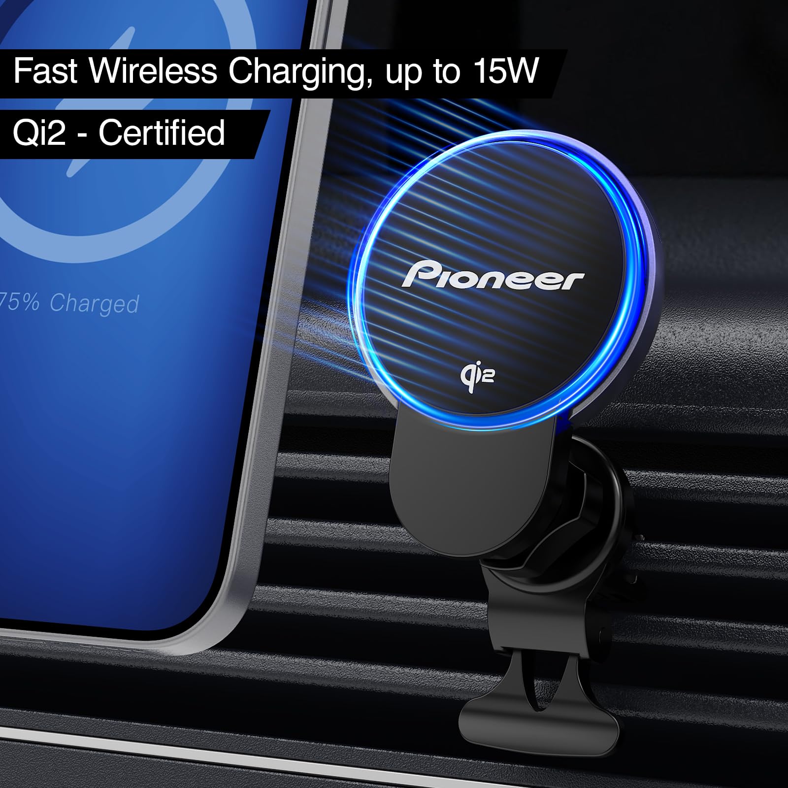 Pioneer SDA-SC600 Magnetischer Qi2 Smartphonehalter mit kabellosem Schnellladen bis 15W, RGB-Beleuchtung, Lüftungsschlitz-Halterung, MagSafe kompatibel