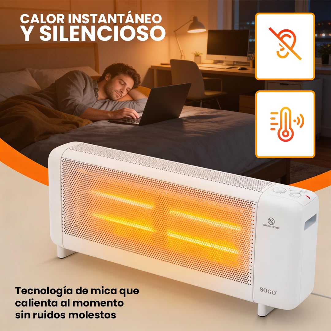 Sogo Radiador Eléctrico Bajo Consumo de Mica - Estufa Eléctrica Calor instantáneo y funcionamiento silencioso - Termostato Ajustable - 2 potencias 750/1500W - Protección Contra el Sobrecalentamiento