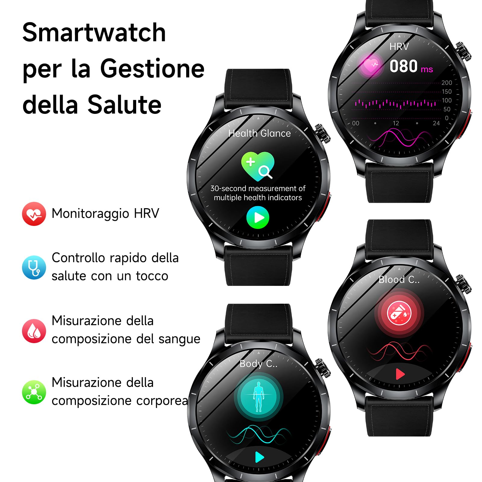 2026 Nuovo Smartwatch Uomo Con ECG/HRV/BMI,Per Android iOS (Nero) | 1,43" AMOLED Orologio Salute Con 24H Pressione Arteriosa/ Frequenza Cardiaca/SpO2/Sonno/Chiamata SOS, Contapassi IP68