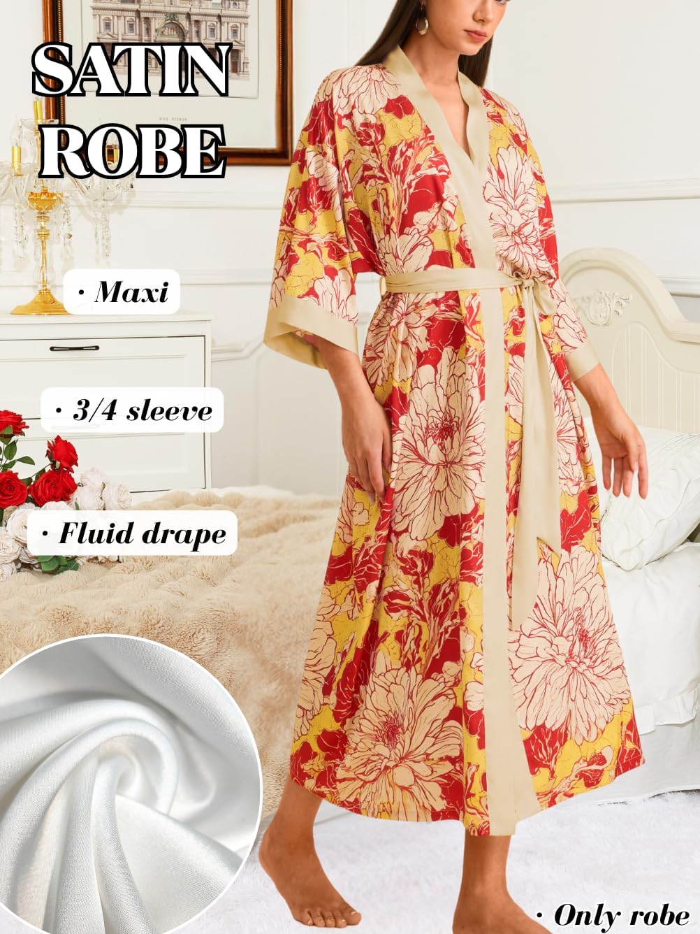 Women's Fancy Print Satin Kimono Robe, Soft Silky Lightweight, Long Wedding Bridesmaid Robes Fits Sizes 0-12 - Image 2