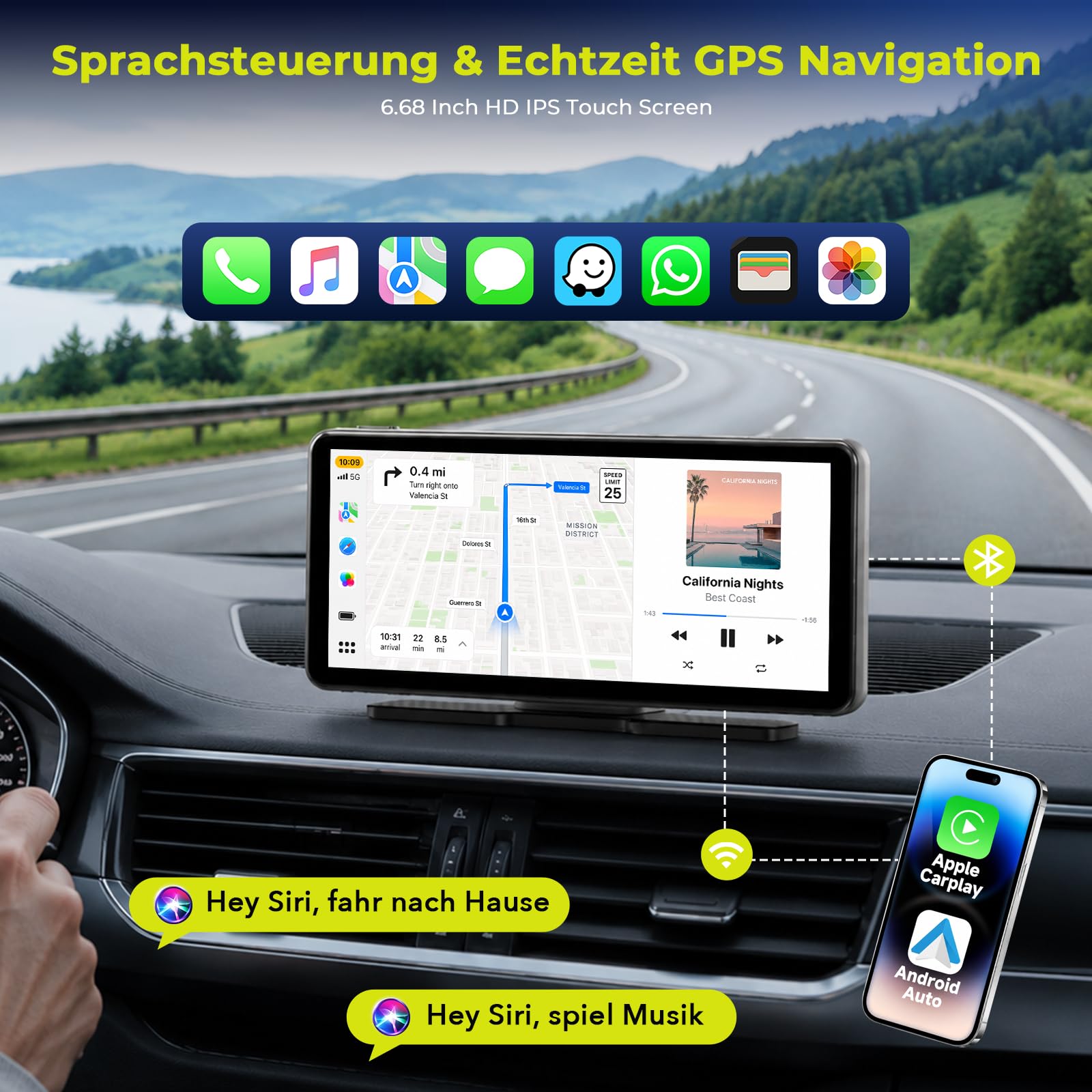 LAMTTO Wireless CarPlay Android Auto Display mit Dashcam 2,5K+1080P, Tragbares 6,86 Zoll HD Touchscreen Car Play Bildschirm mit Sprachassistenz Navigation Bluetooth FM AUX 64GB Karte Mirror Link
