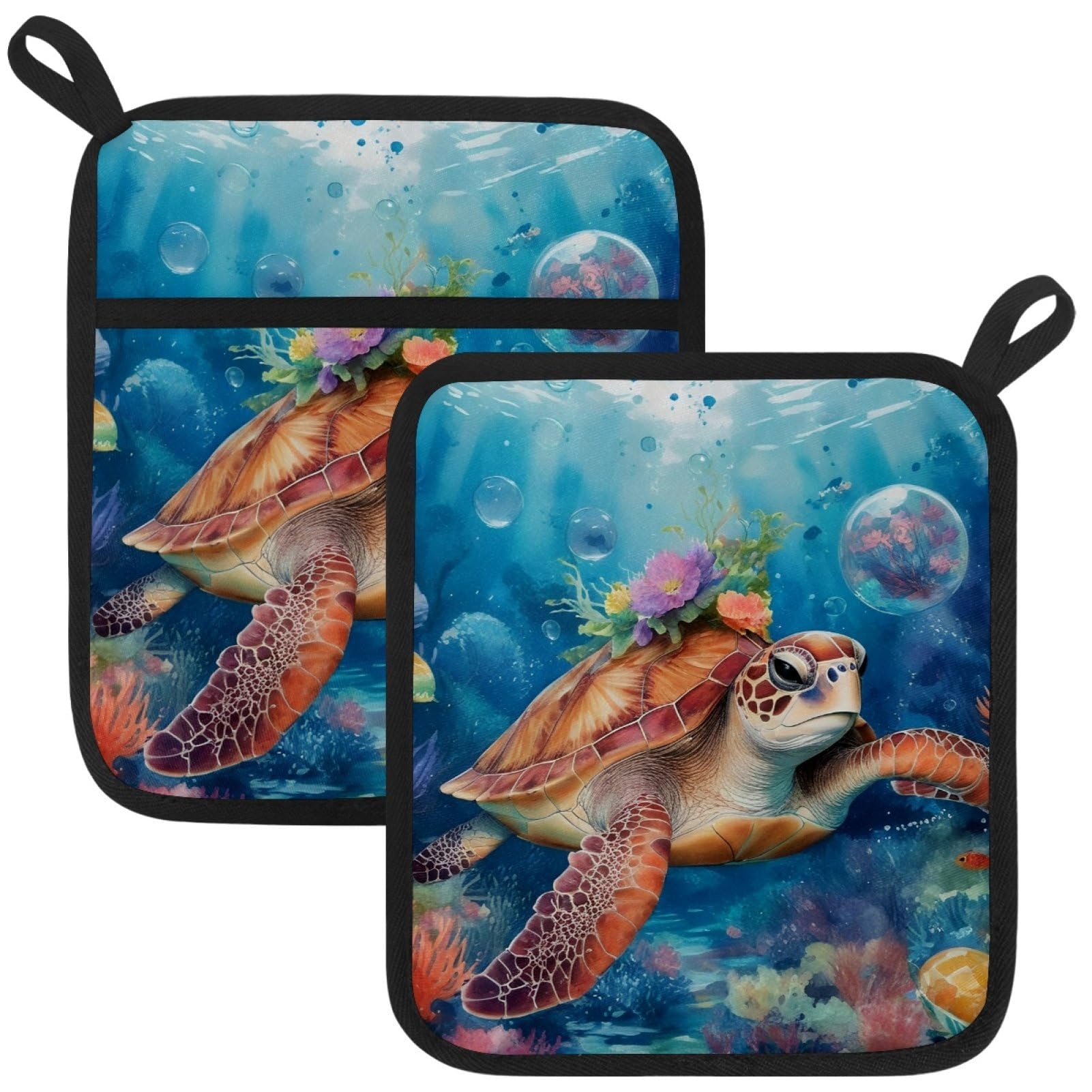 VAPOKF Turtle Flower Pot Holders with Pocket for Kitchen Heat Resistant Potholders Large Polyester-Cotton Square Oven Mitts Set