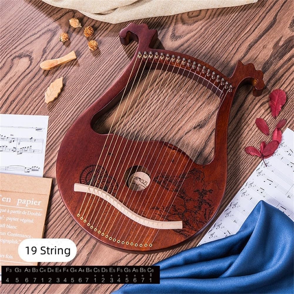 Lyre harpe 19 cordes Acajou Instrument de musique avec clé d'accordage Corde de rechange (Lotus)