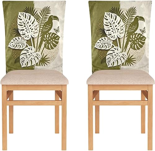 Juego de 2 fundas para sillas minimalistas con diseño de hojas, pájaro, verde, beige, extraíble, para decoración del hogar, comedor, fundas
