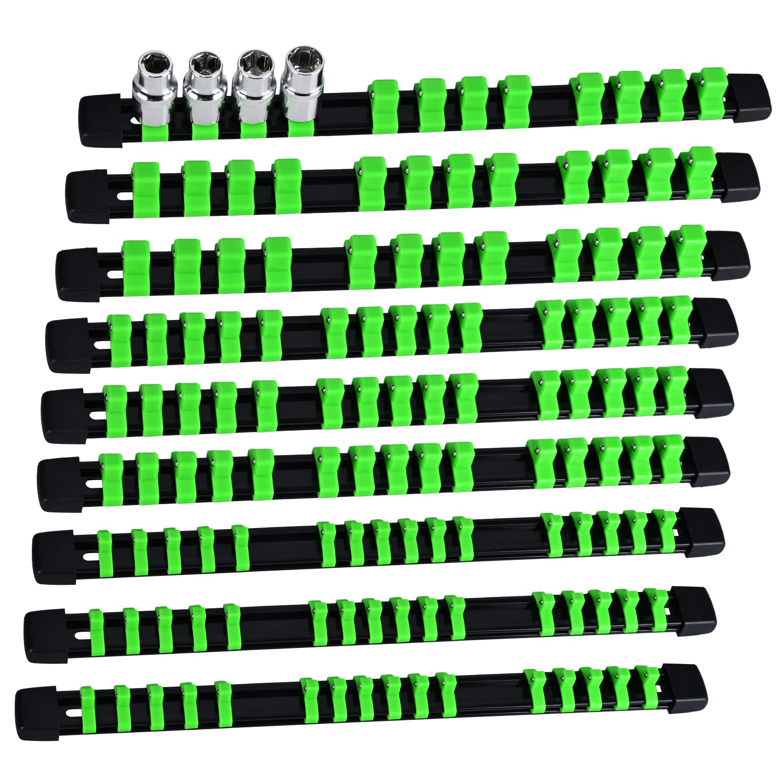 EGOFIX Socket Organizer Set 9PCS ABS Holder Kit - 1/4-Inch x 48, 3/8-Inch x 45, 1/2-Inch x 36 Clips, Drive Tray, Rail - Green
