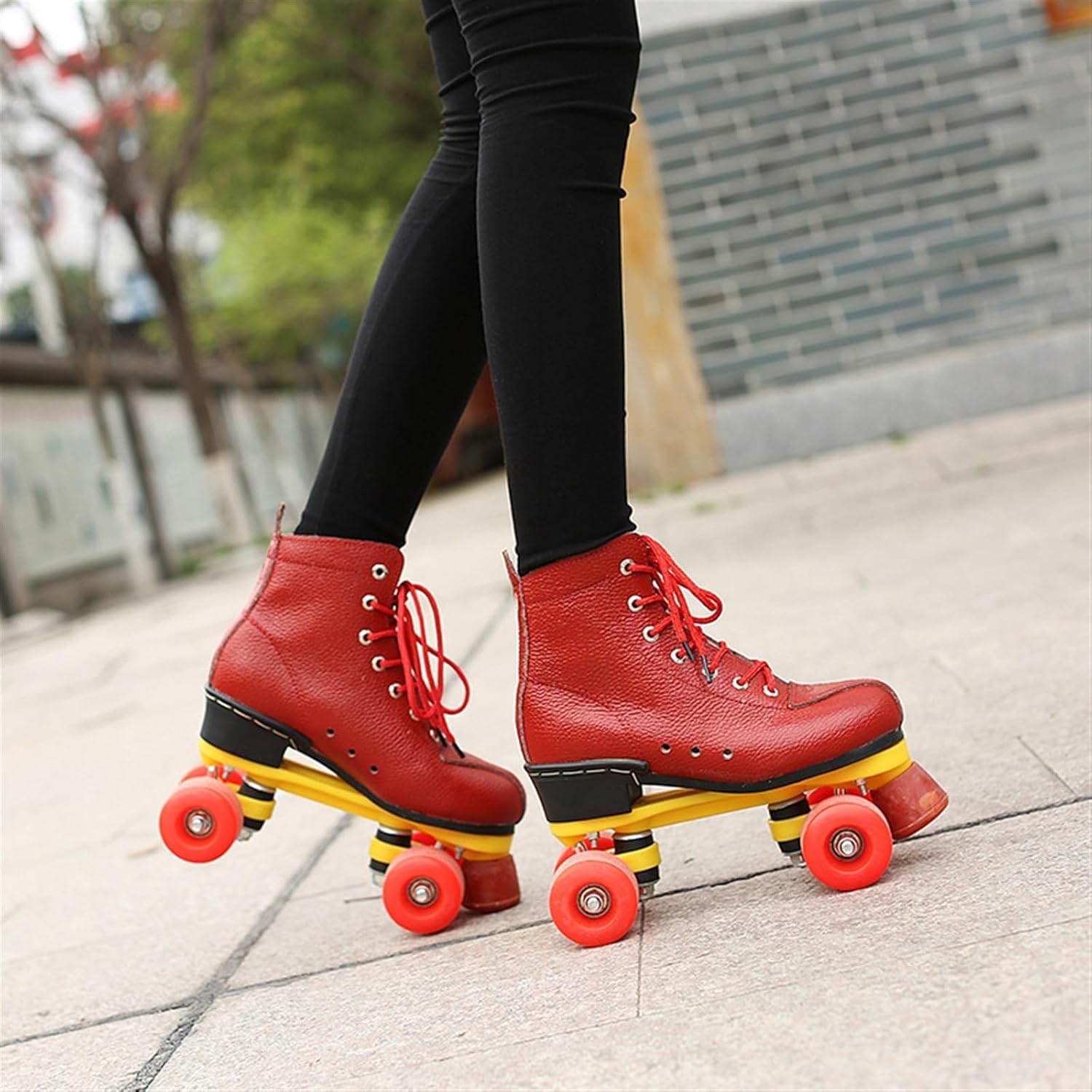 Rindsleder Rollschuhe Damen Und Erwachsen Klassisch Doppelreihe Roll Schuhe Mit 4 Rädern for Herren Unisex, Sport Rollerskates