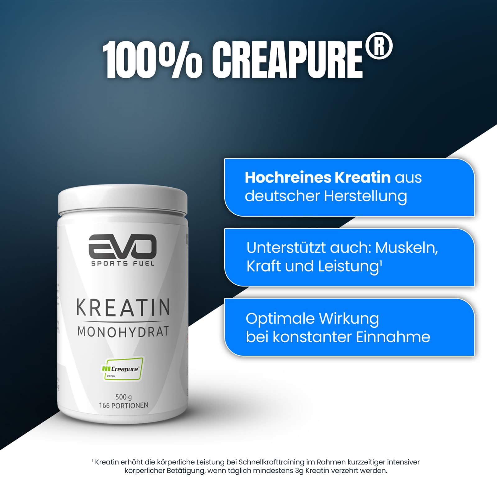 EVO SPORTS FUEL Kreatin Monohydrat Creapure Pulver 500g | 100% vegan & reines Creatine Monohydrate Powder | mikrofein und perfekt löslich | geprüfte Qualität | Made in Germany