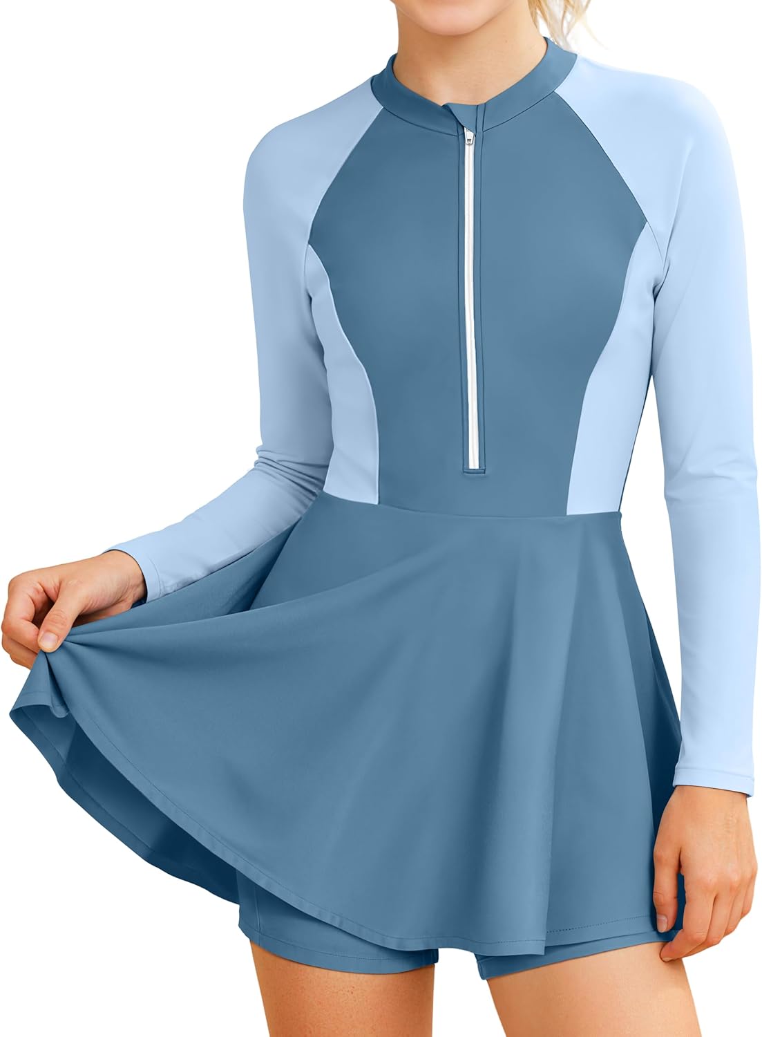 Girls Rash Guard Swimsuit 2 Piece Long Sleeve Half-Zip Swim Dress with Shorts UPF 50+ Padded Girls Bathing Suit 9-16Y