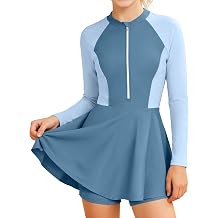 Girls Rash Guard Swimsuit 2 Piece Long Sleeve Half-Zip Swim Dress with Shorts UPF 50+ Padded Girls Bathing Suit 9-16Y