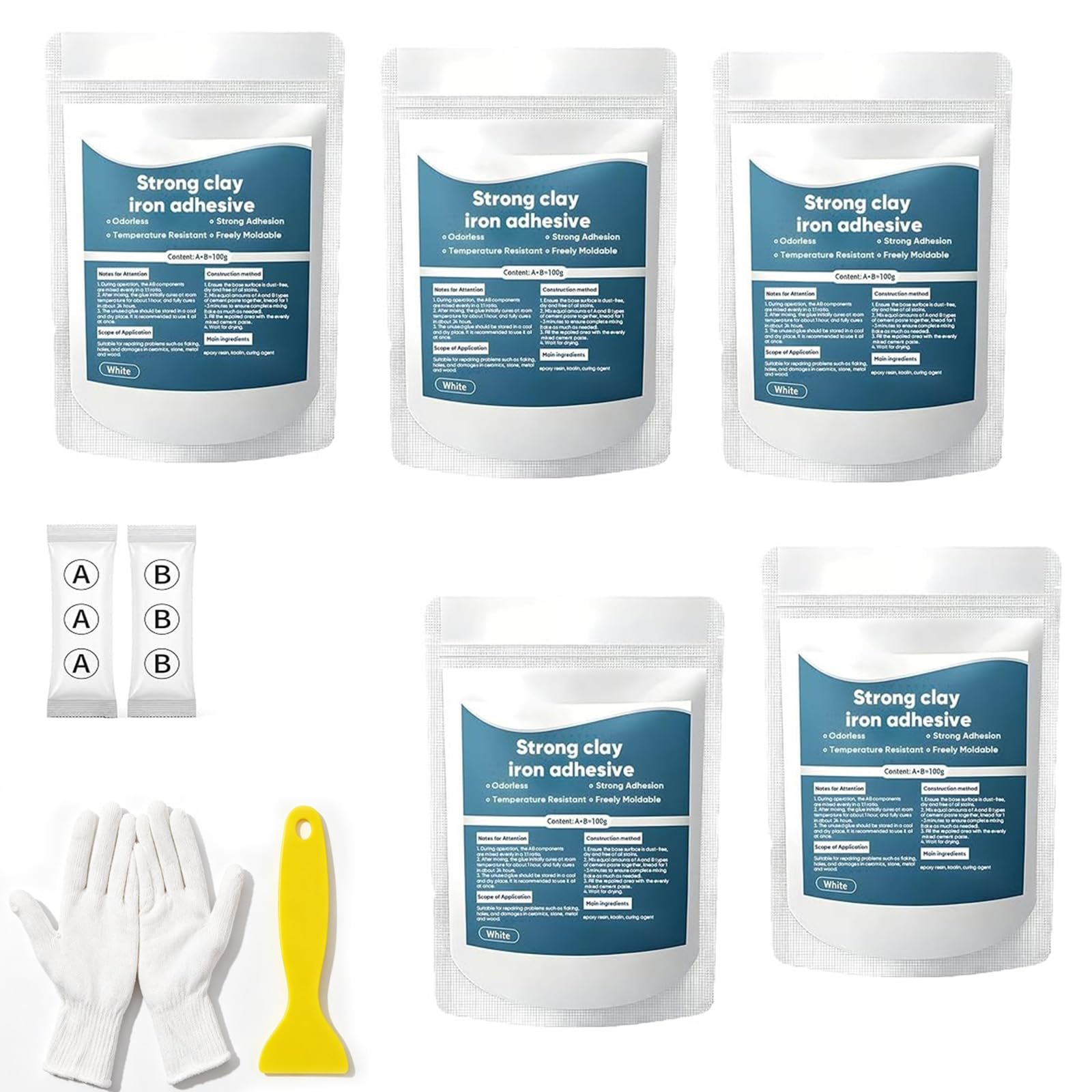 Argilla riparatrice multiuso ad alta resistenza, adesivo forte per ferro, stucco riparatore multiuso ad alta resistenza per incollare plastica, metallo, ceramica, legno, piastrelle e vetro. (5 pezzi)