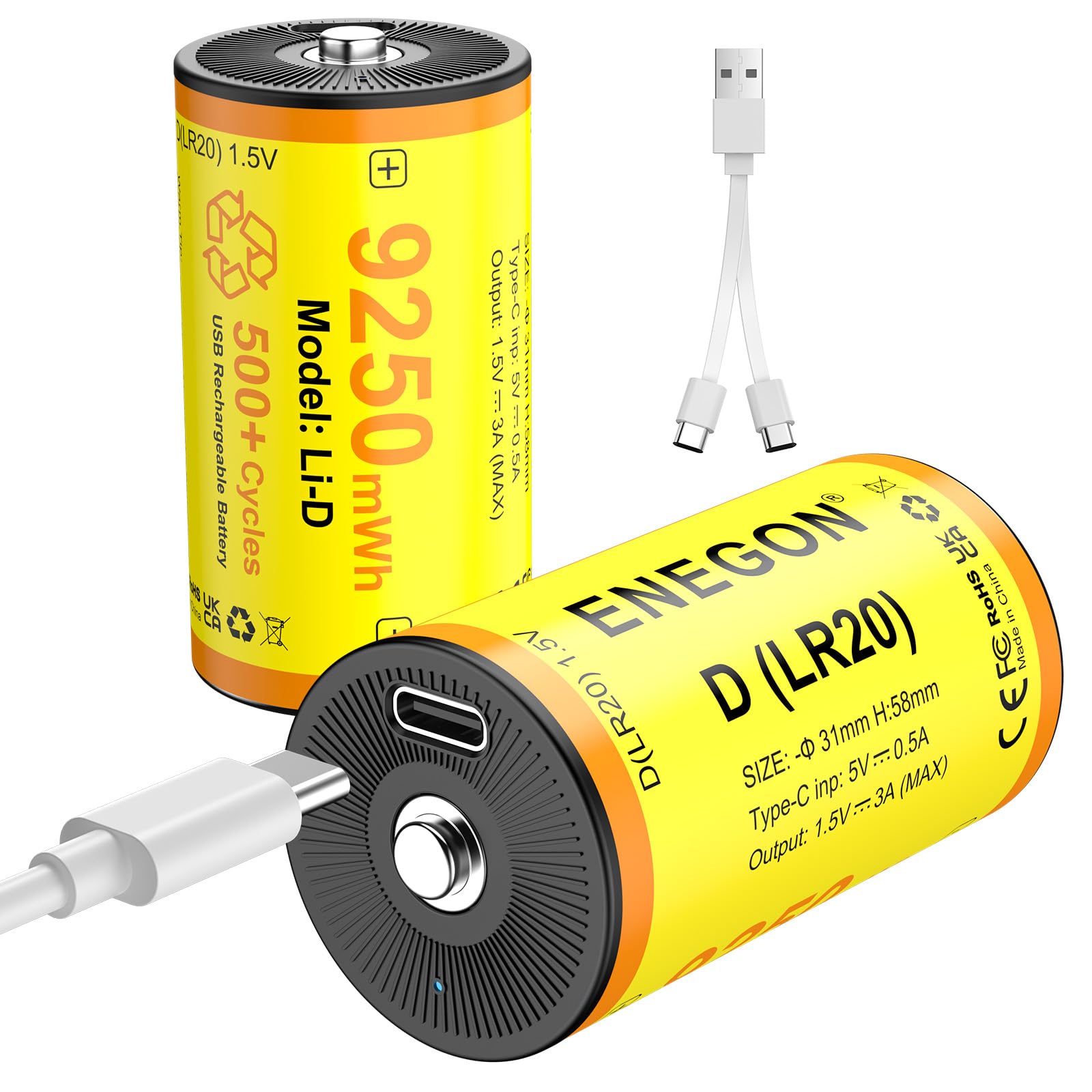 ENEGON Pack de 2 Pilas D Recargables – 9250 mWh de Iones de Litio de 1,5 V LR20 con Cable USB-C (Carga 5V), para Coches de Juguete Teledirigidos, Luces de Camping, Luces LED Portátiles