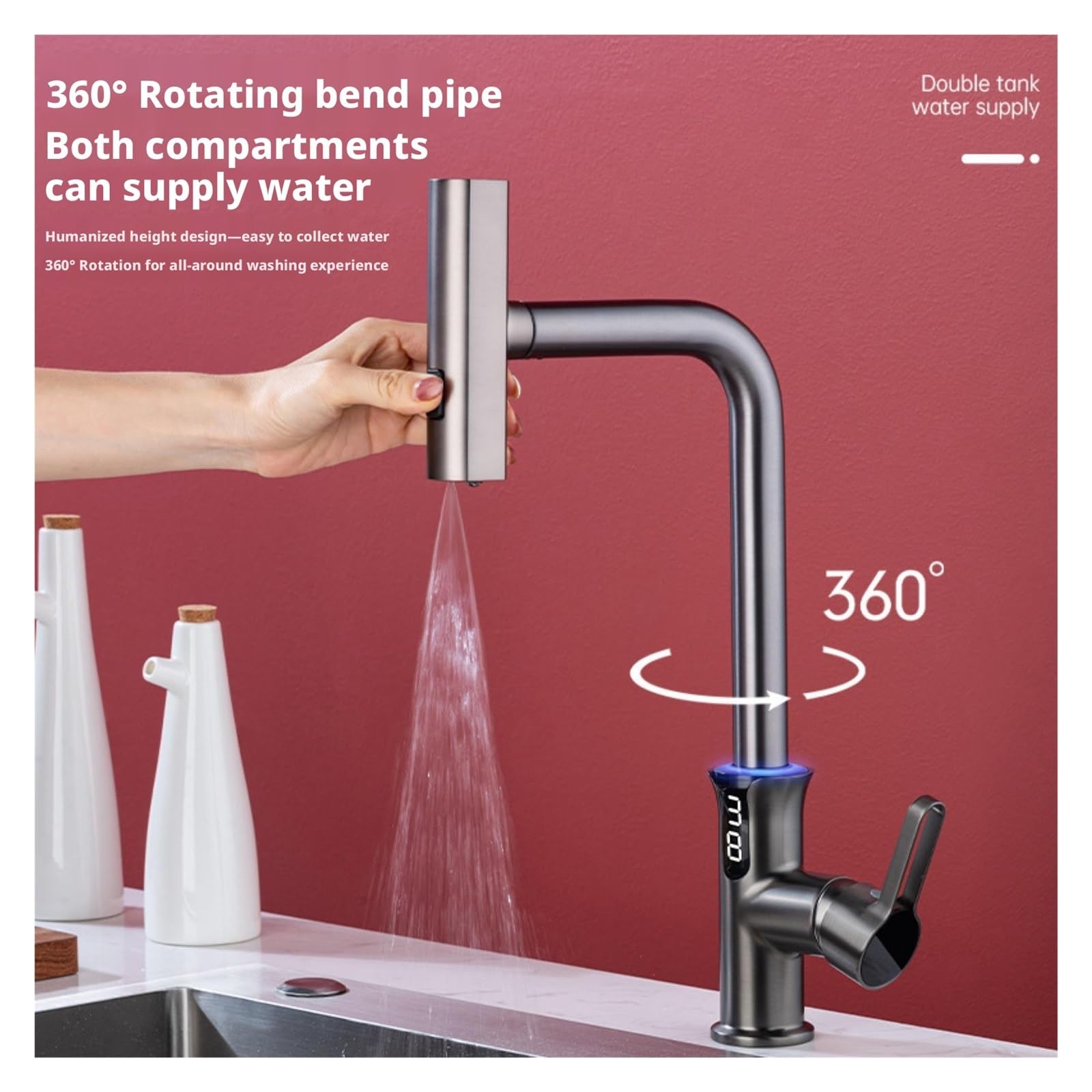 Grifo de baño, Grifo de cocina digital con caño en cascada, grifo mezclador agua cuchilla extraíble, manguera 1/2 orificio único(Grey)