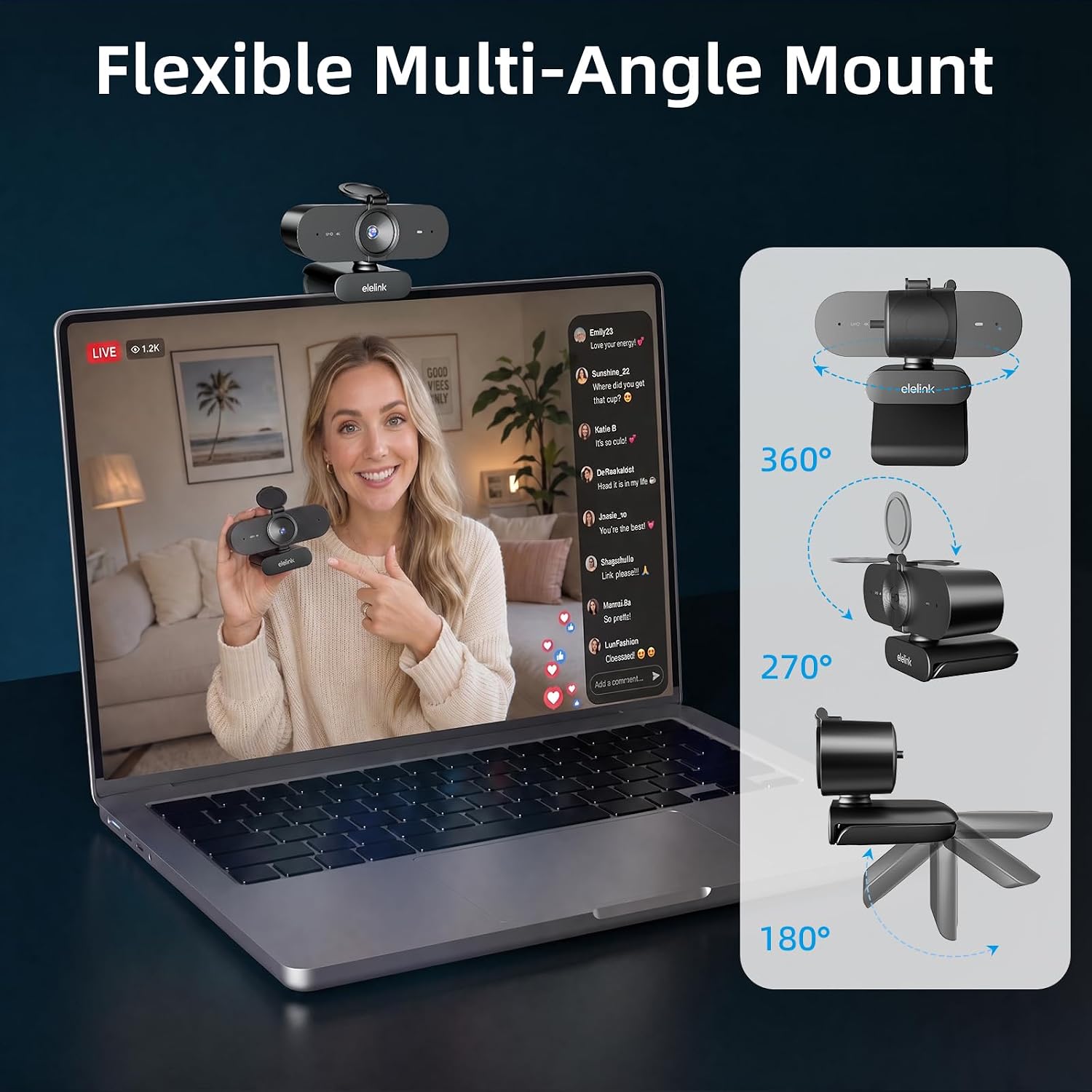 4K USB Webcam for PC,Auto Focus Streaming Web Cam,Dual Noise Reduction Mics