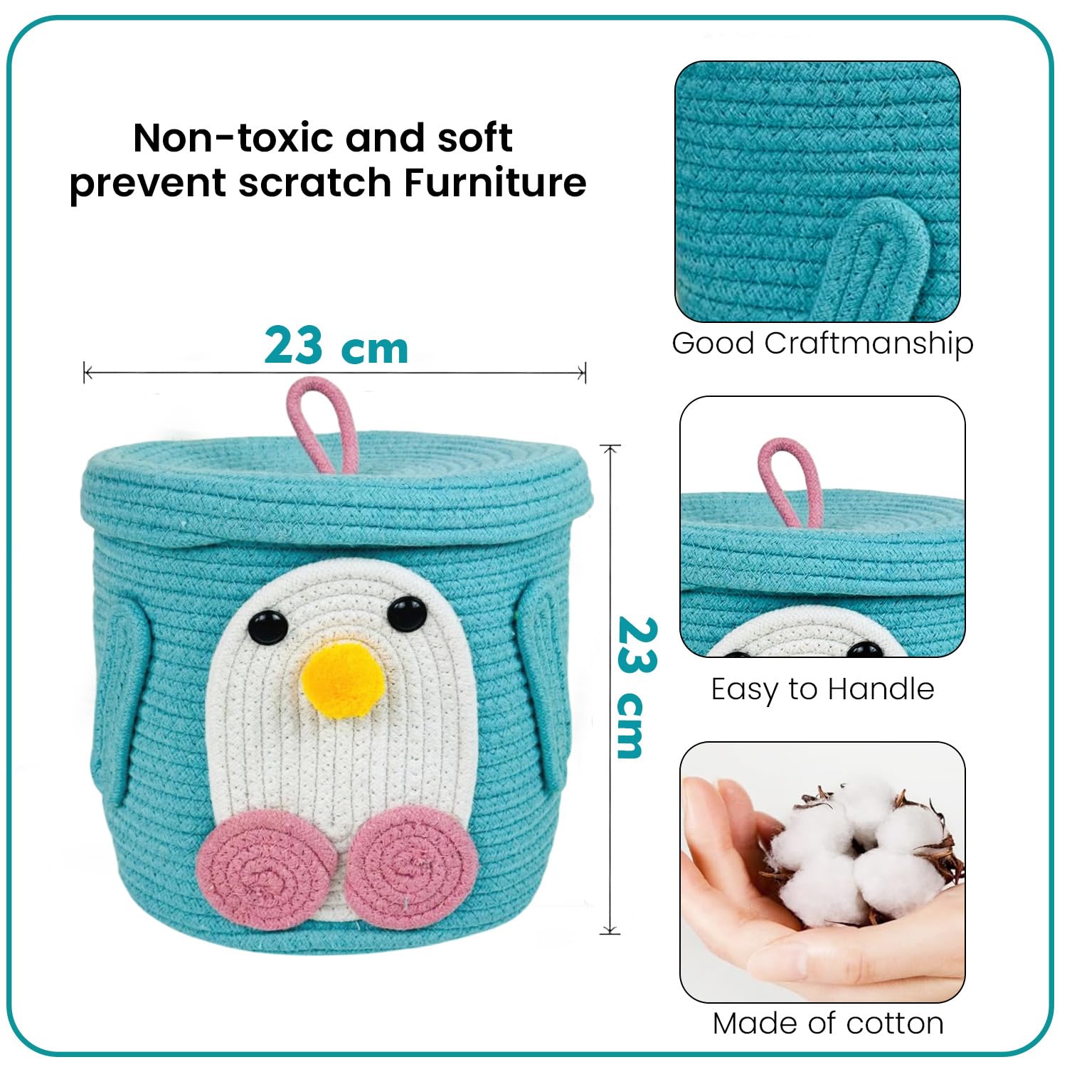 BIANCO Tall Cotton Rope Storage Basket with Lid | Cute Penguin Design Multipurpose Organizer Bin for Toys, Baby Supplies & Laundry | Durable, Foldable Decorative Storage Box Product Image 4